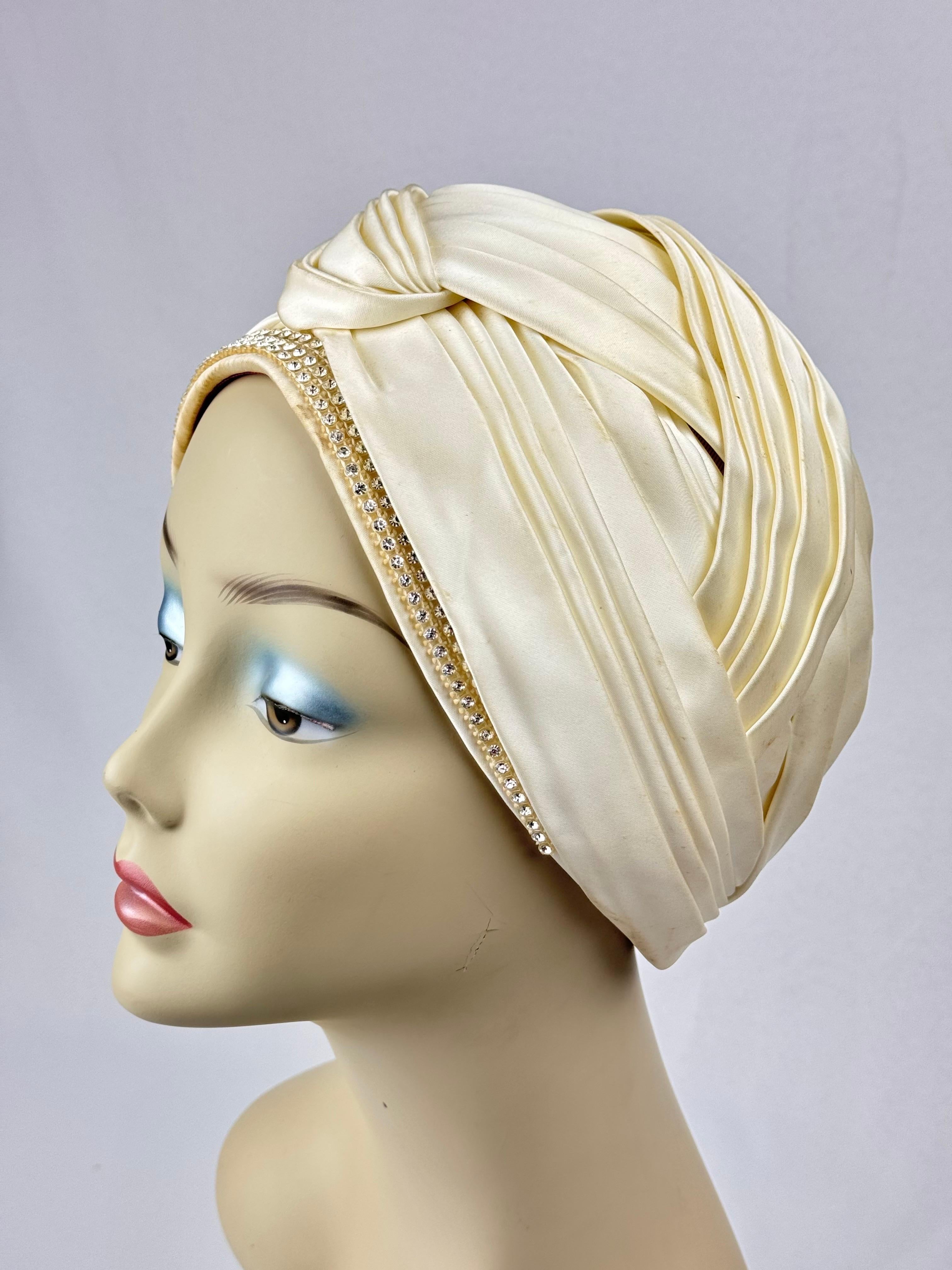 Christian Dior Chapeaux silk turban with rhinestone accents. Label printed Paris-New York. The original second label says 