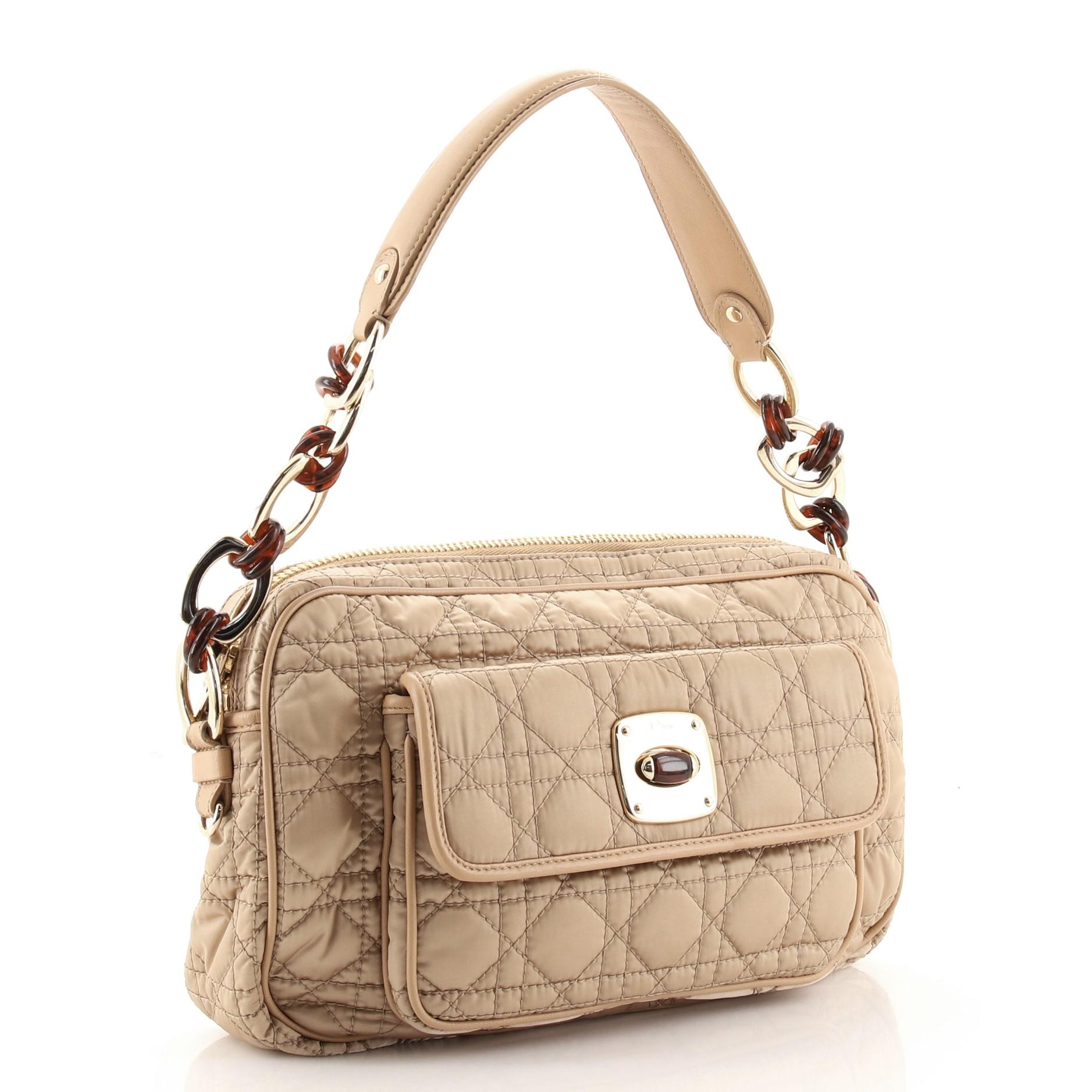 Beige Christian Dior Charming Pocket Shoulder Bag Cannage Quilt Nylon