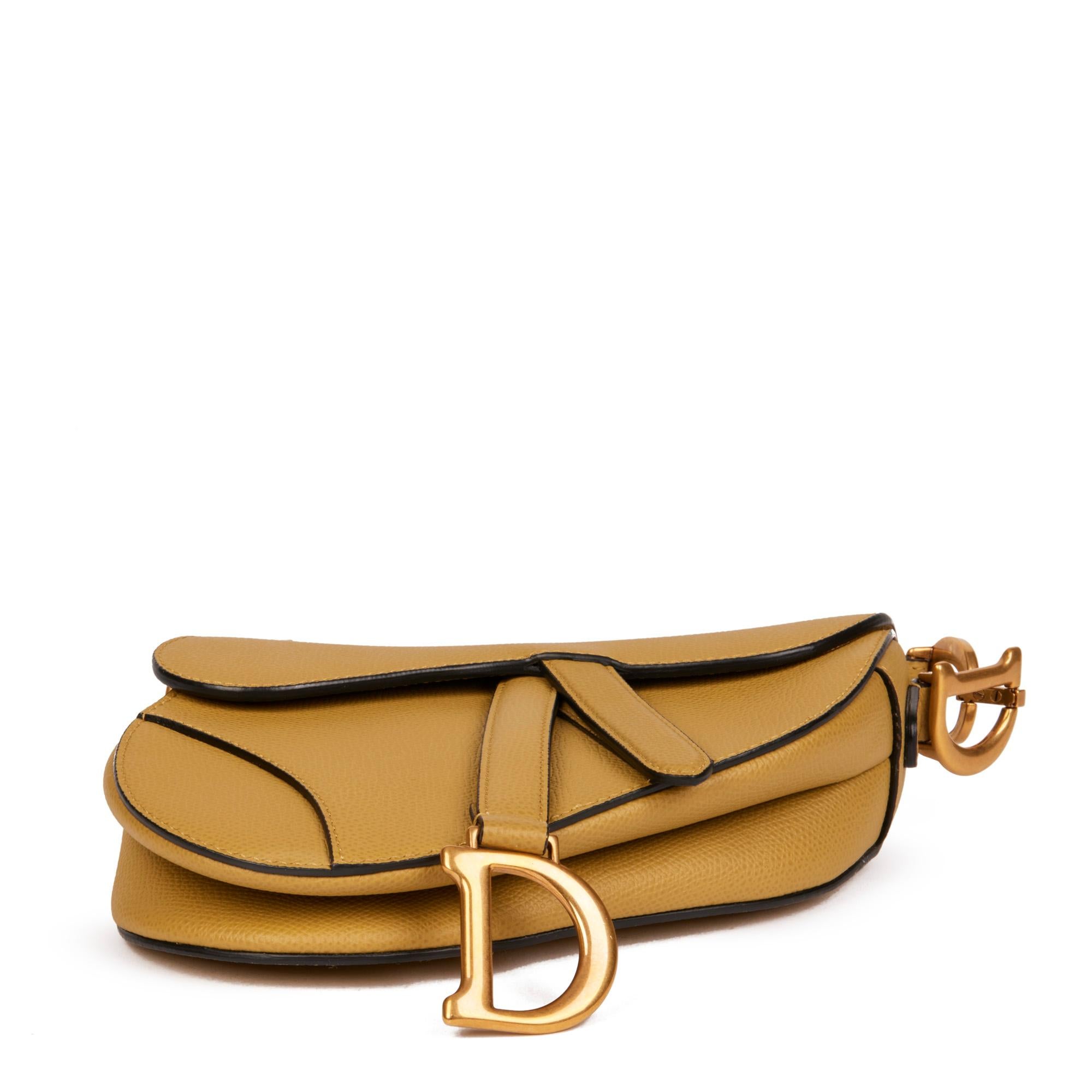 Brown CHRISTIAN DIOR Chartreuse Grained Calfskin Leather Mini Saddle Bag