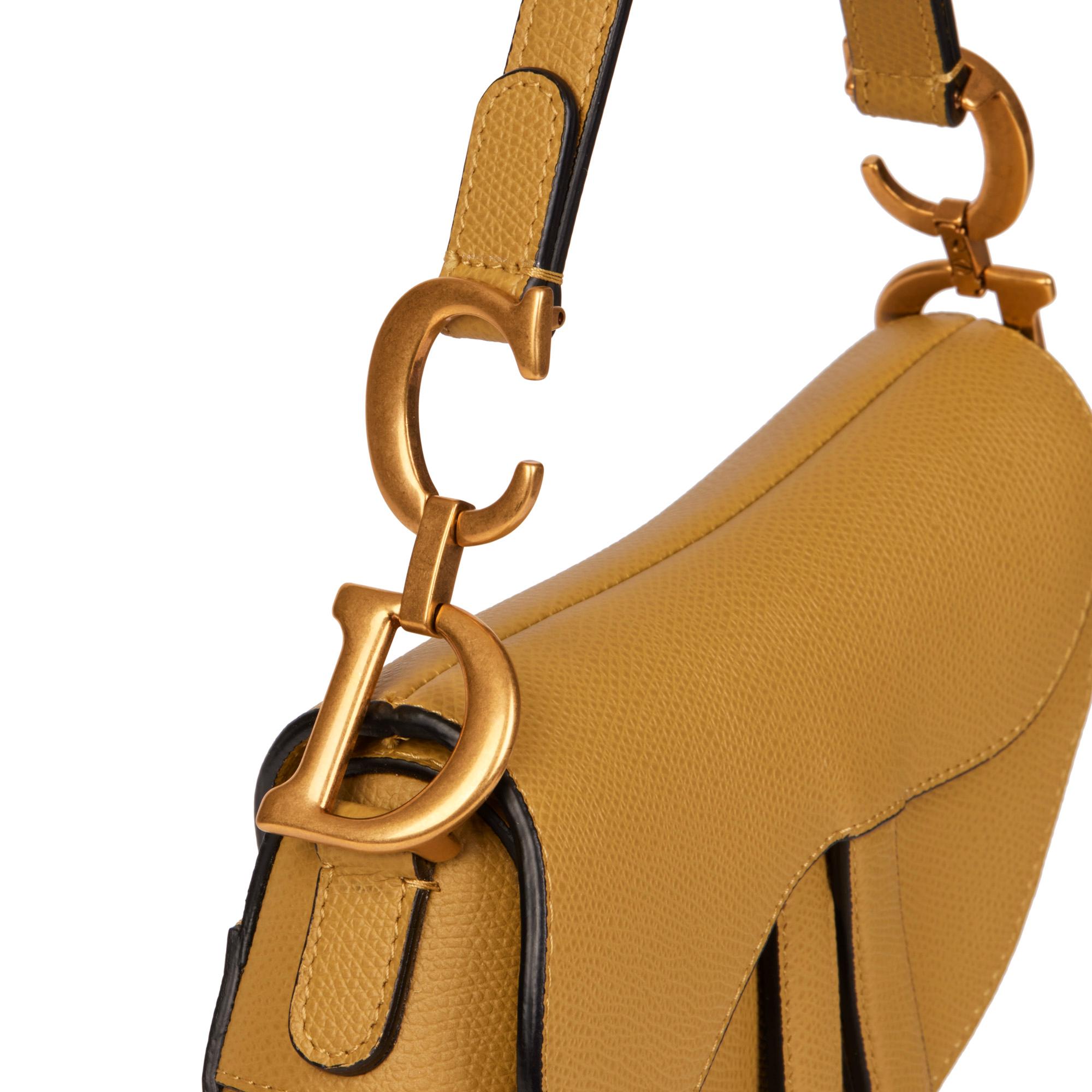 CHRISTIAN DIOR Chartreuse Grained Calfskin Leather Mini Saddle Bag In Excellent Condition In Bishop's Stortford, Hertfordshire