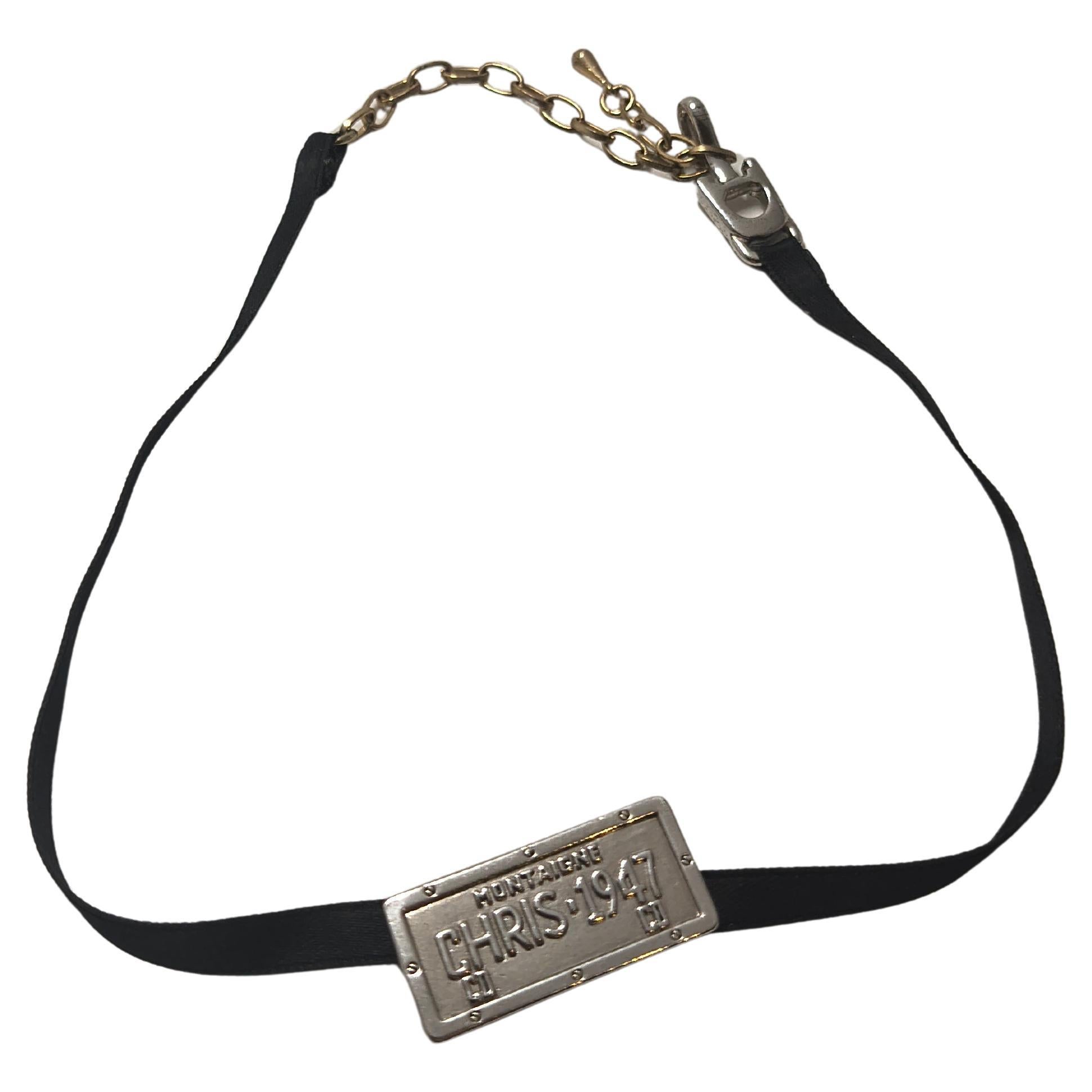 Christian Dior Chris 1947 Silver Tone Plate Ribbon Choker Necklace For Sale