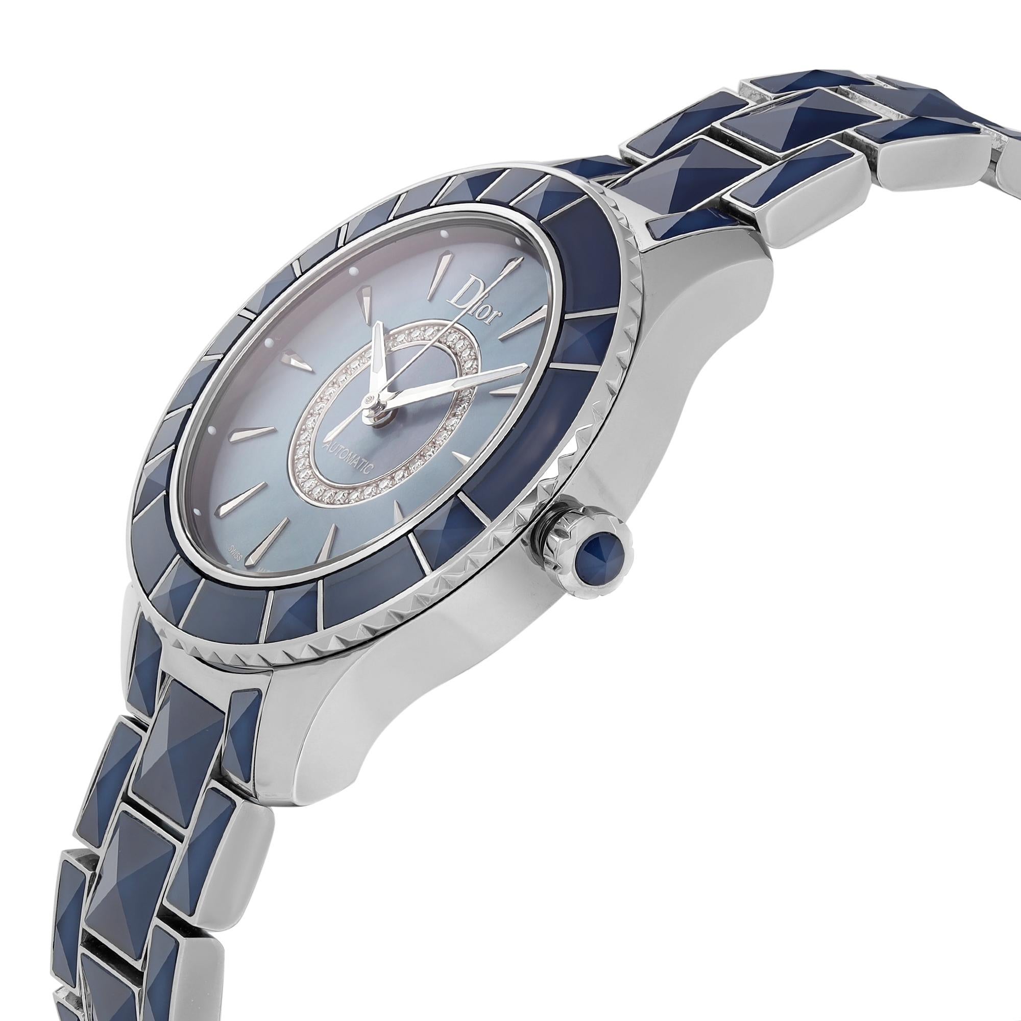 Christian Dior Christal Steel Blue MOP Diamond Dial Montre automatique CD144517M001 Neuf - En vente à New York, NY