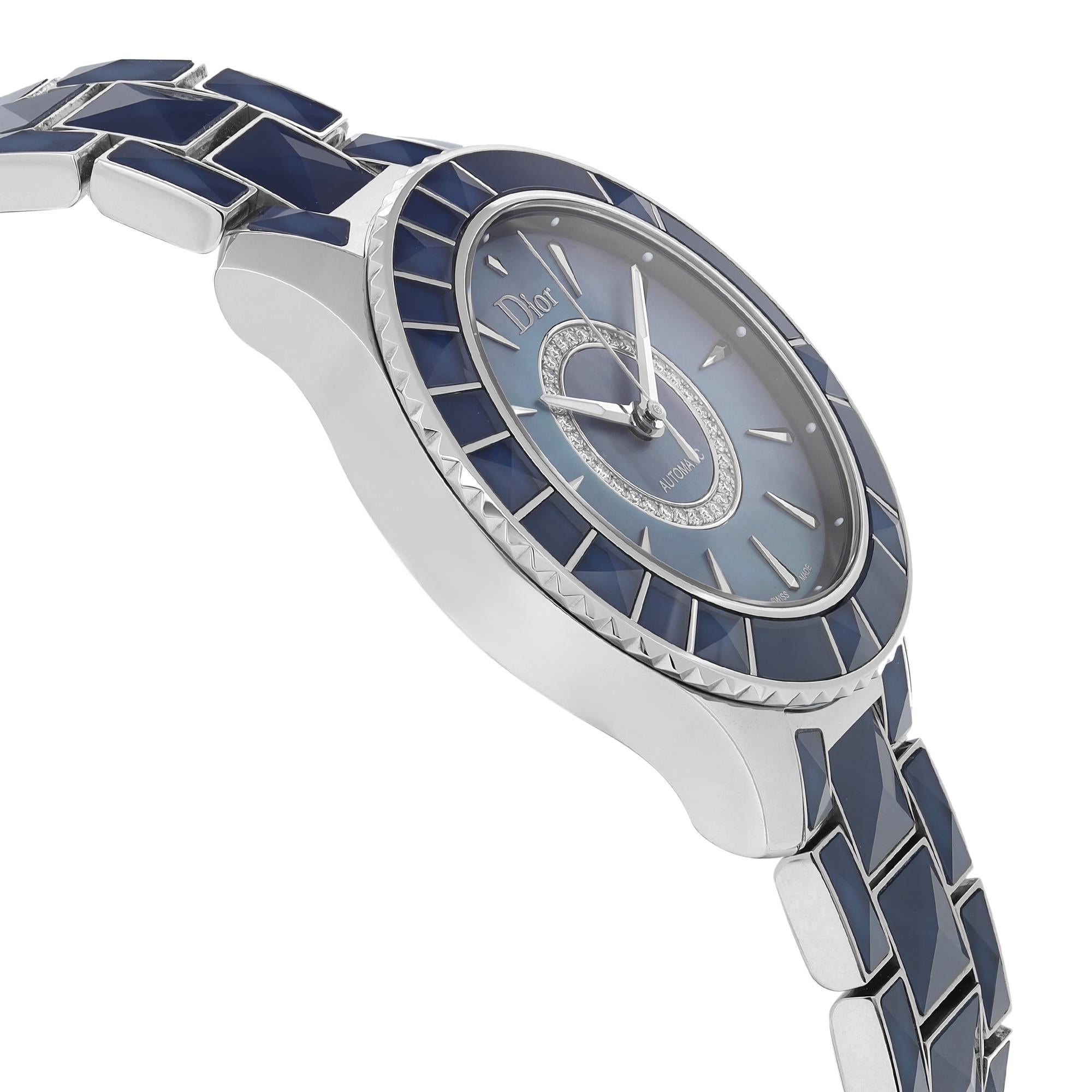 Christian Dior Christal Steel Blue MOP Diamond Dial Montre automatique CD144517M001 Pour femmes en vente
