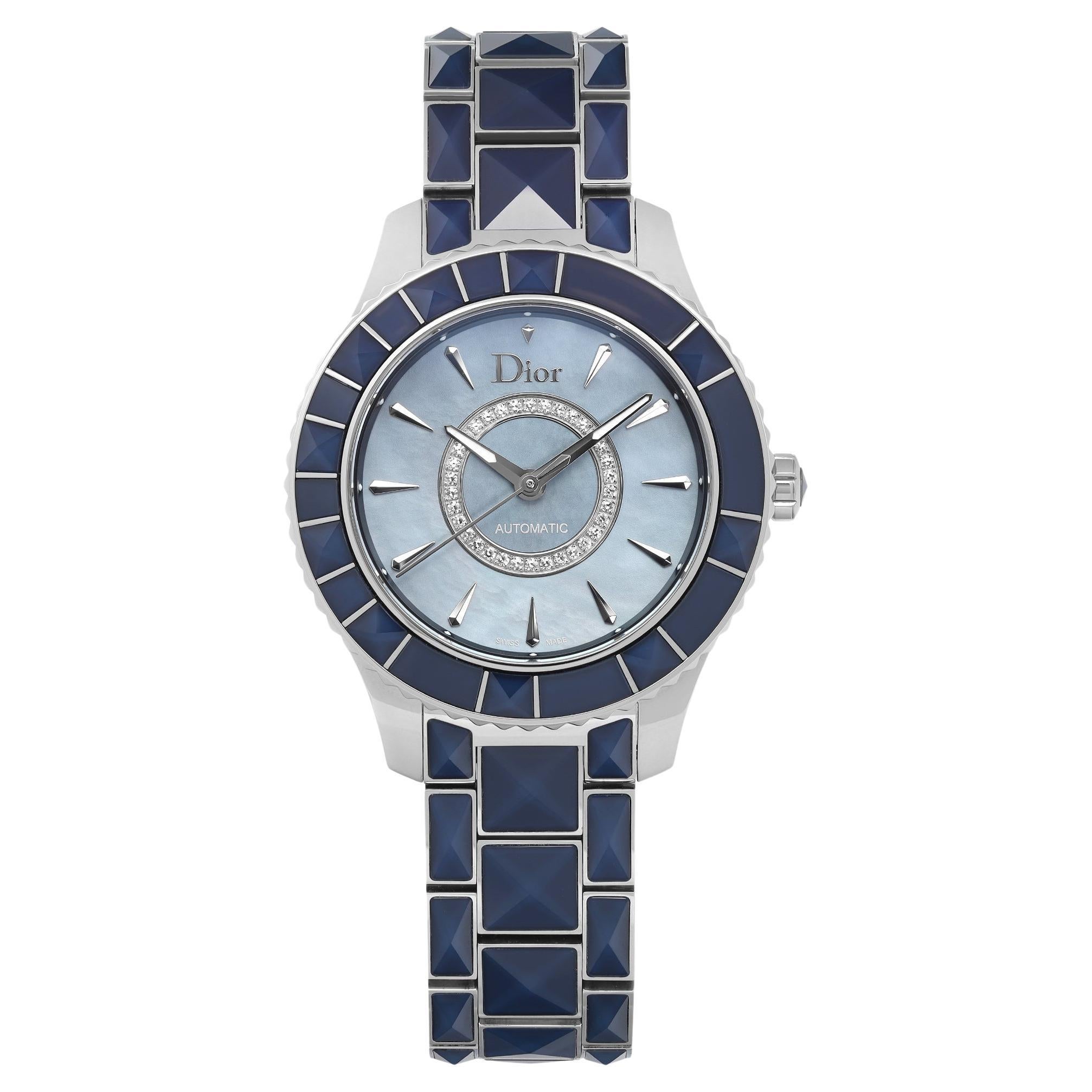 Christian Dior Christal Steel Blue MOP Diamond Dial Automatic Watch CD144517M001