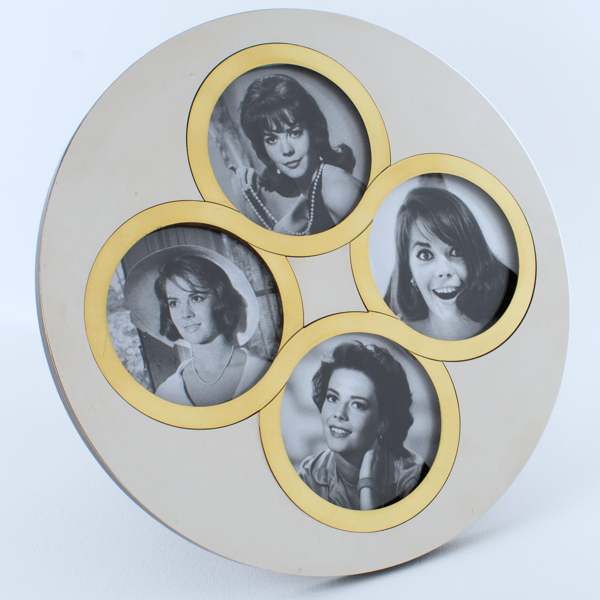 This exceptional modernist Christian Dior Paris picture frame boasts an iconic Avant-Garde, rounded geometric design with a mosaic structure in gilt brass and chromed metal, offering a multi-photo view. The easel and the back are in high-gloss wood.