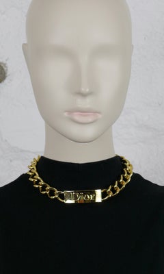 CHRISTIAN DIOR Chunky Gold Tone ID Tag Curb Necklace