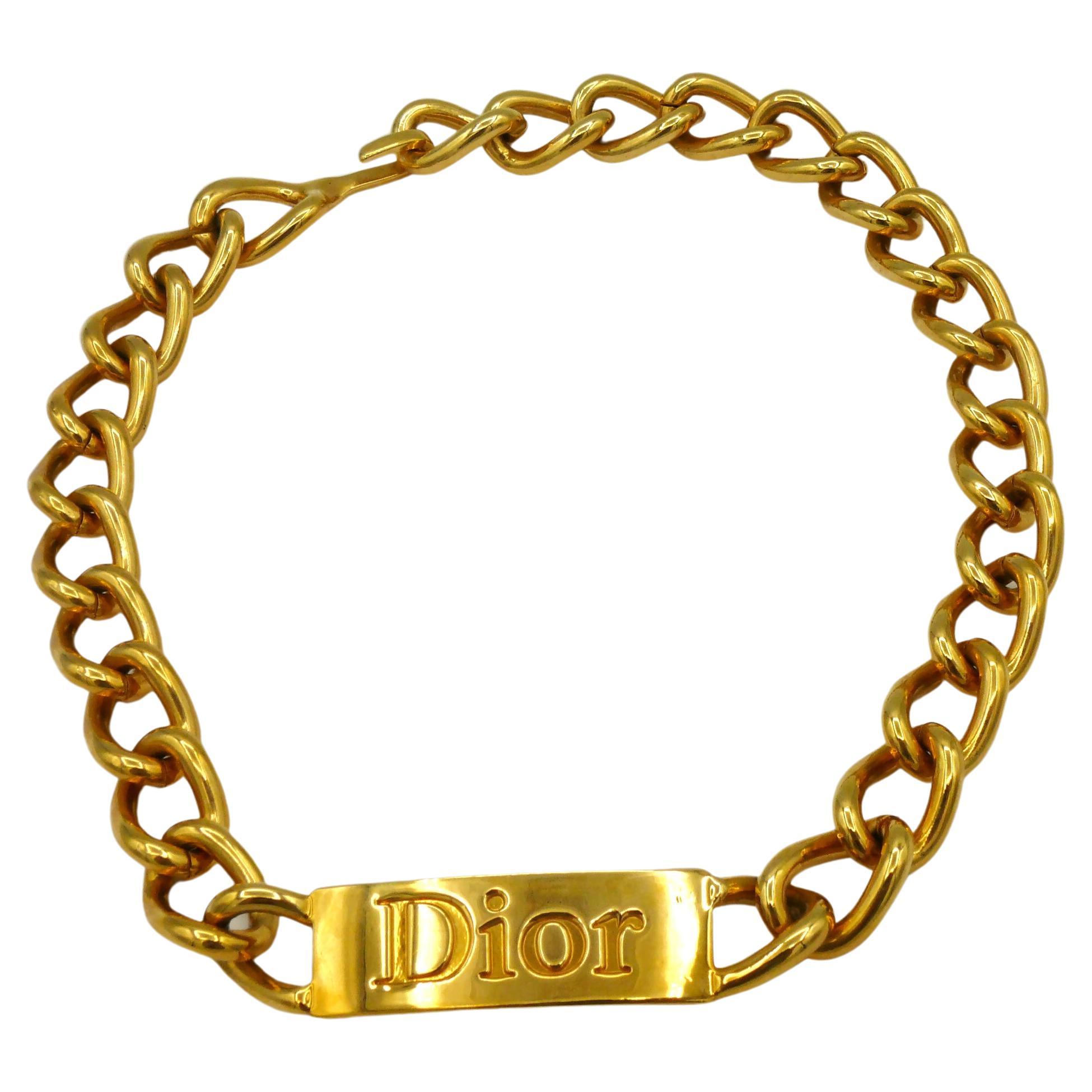 CHRISTIAN DIOR Chunky Gold Tone ID Tag Curb Necklace For Sale