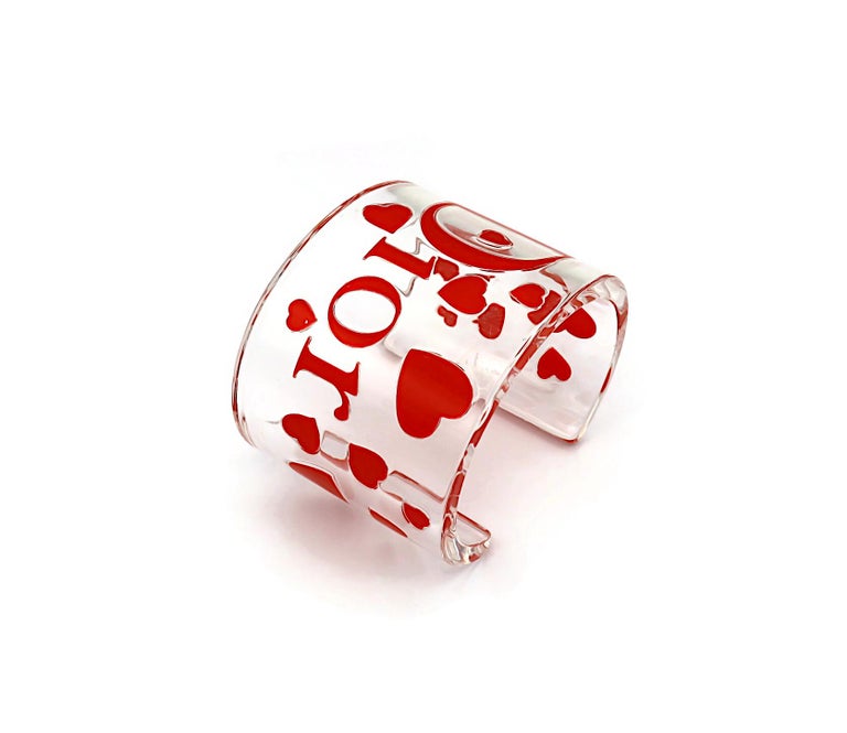 CHRISTIAN DIOR Clear Resin Pink Hearts and Logo Cuff Bracelet For