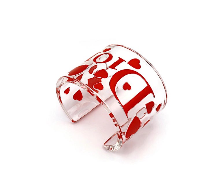 CHRISTIAN DIOR Clear Resin Pink Hearts and Logo Cuff Bracelet For