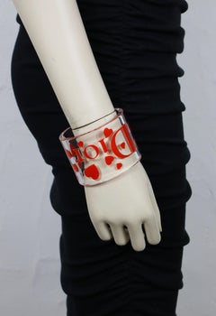 CHRISTIAN DIOR Clear Resin Pink Hearts & Logo Cuff Bracelet