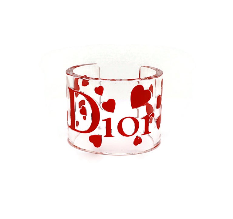 CHRISTIAN DIOR Clear Resin Pink Hearts and Logo Cuff Bracelet For