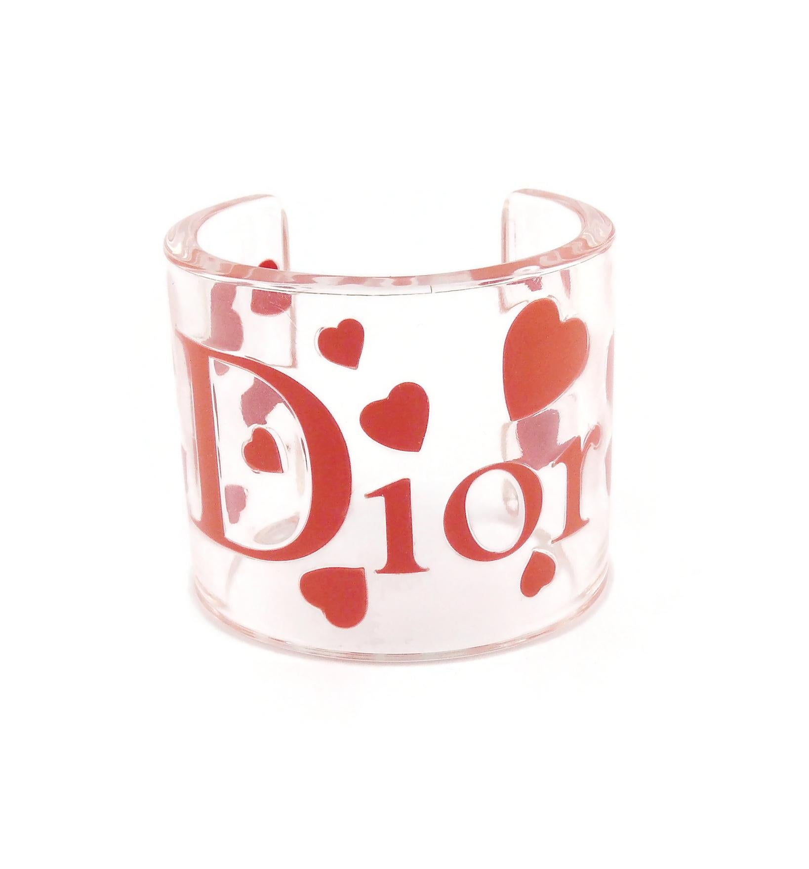 Christian Dior Clear Resin Pink Hearts & Logo Cuff Bracelet In Good Condition For Sale In Nice, FR