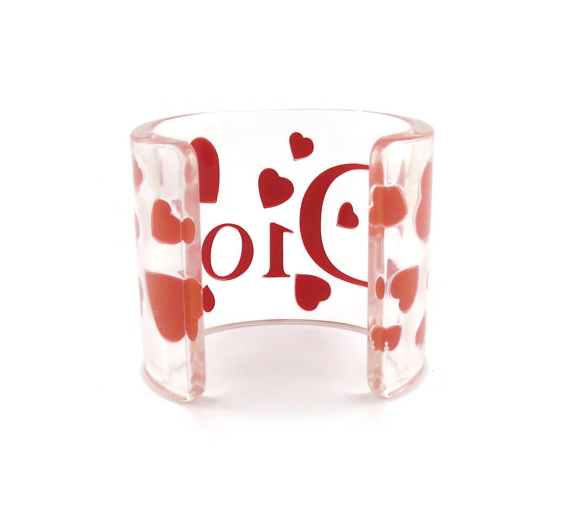 Christian Dior Clear Resin Pink Hearts & Logo Cuff Bracelet For Sale 1