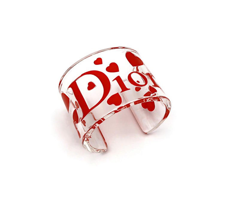 CHRISTIAN DIOR Clear Resin Pink Hearts and Logo Cuff Bracelet For