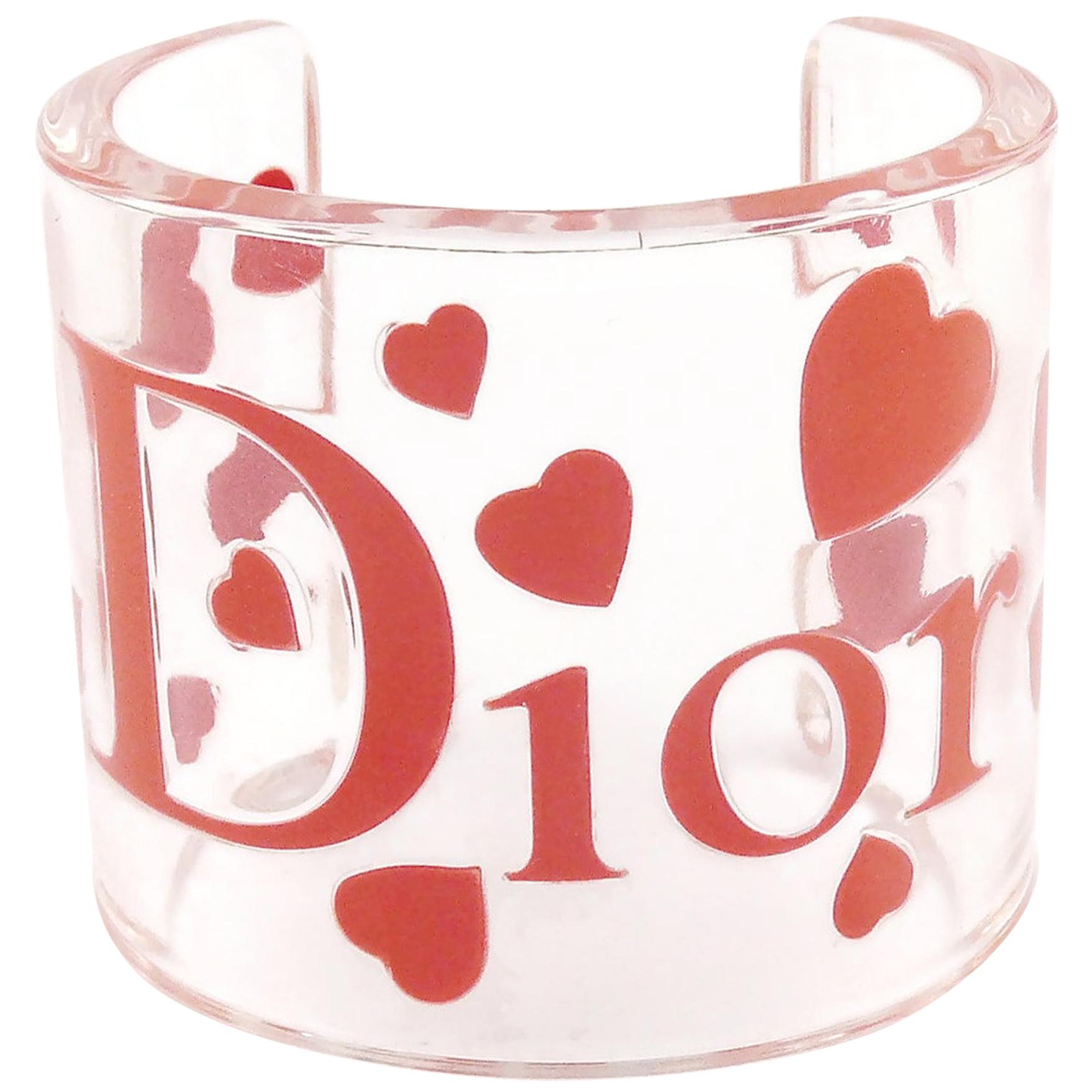 Christian Dior Clear Resin Pink Hearts & Logo Cuff Bracelet For Sale