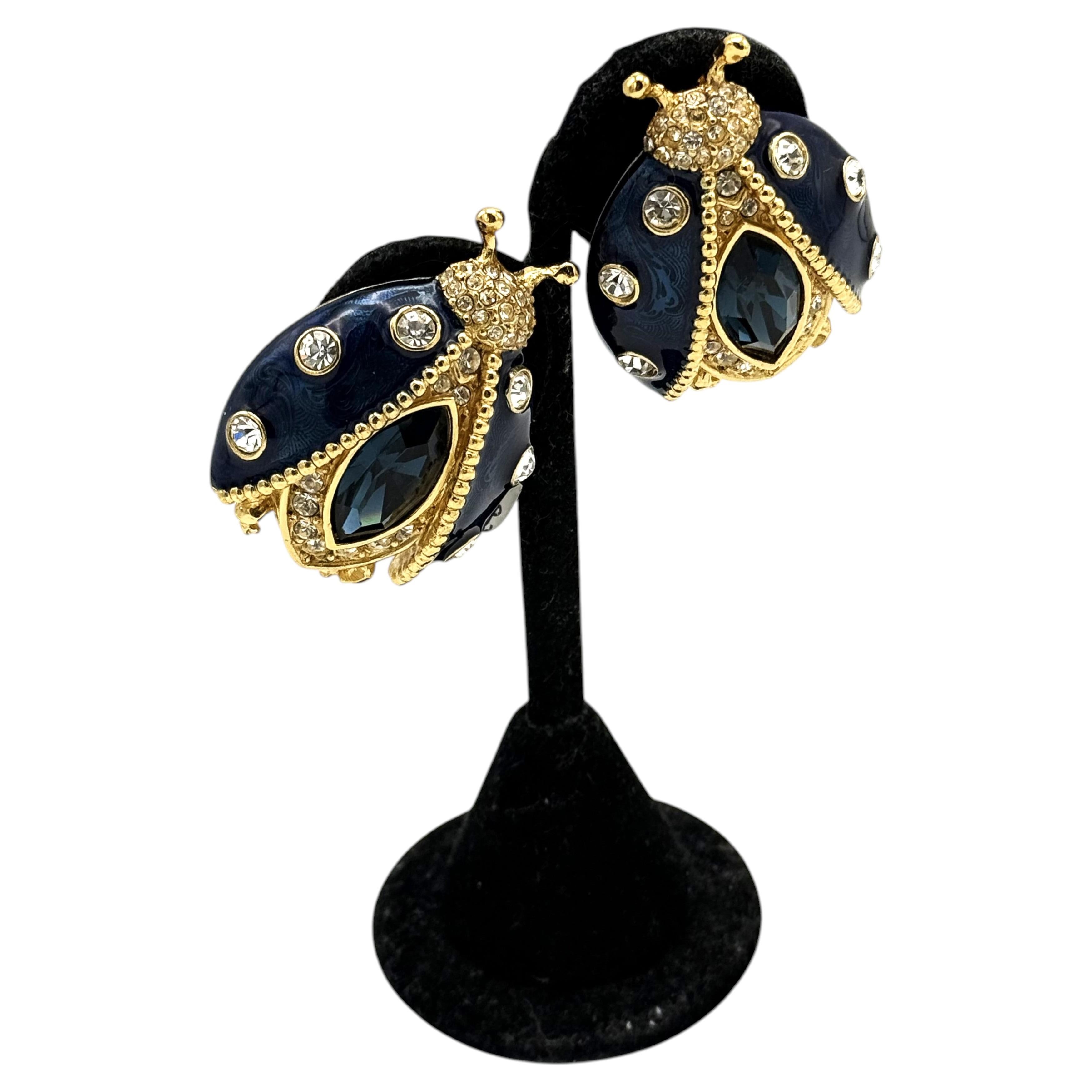 CHRISTIAN DIOR, clip-on earring, insect/ladybug, dark enamel, rhinestones, 1980s