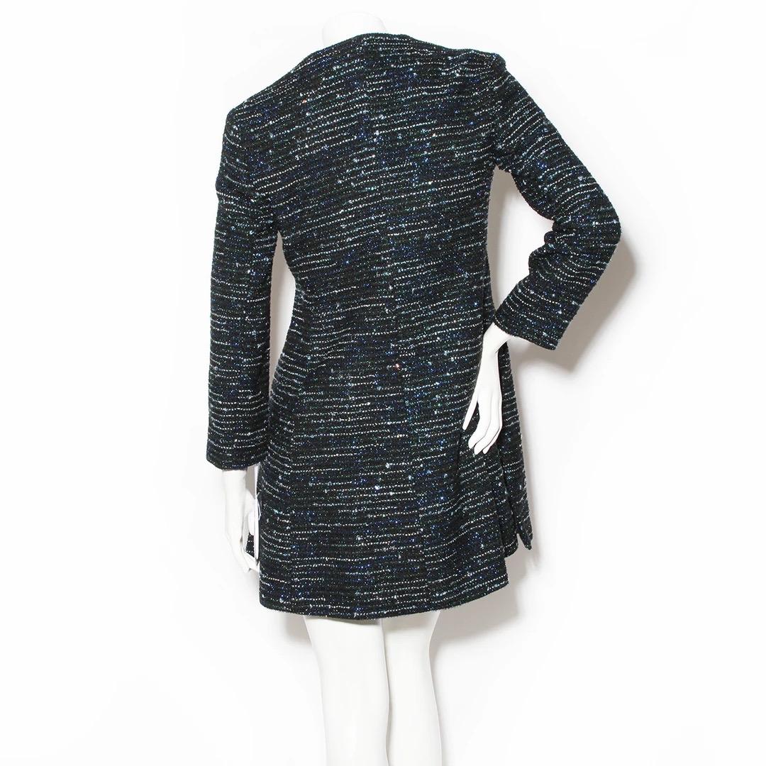 Christian Dior Tweed Coat and Dress Set 
Made in France 
Black Tweed with blue ribbon interwoven 
Blue and green lurex details 
Multi color sequin interspersed throughout coat 
Open collar on coat 
Double breasted coat 
Small vents on sides of