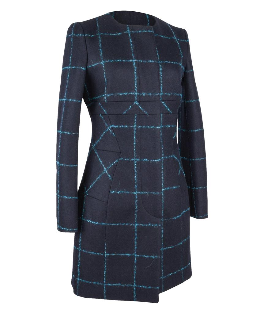 Guaranteed authentic Christian Dior dark navy coat accented with beautifully detailed teal mohair window pane.  
Round neck with no collar.
Single breast with hidden button placket. 
Empire waist and waist to hip front and rear detail.
final sale   
