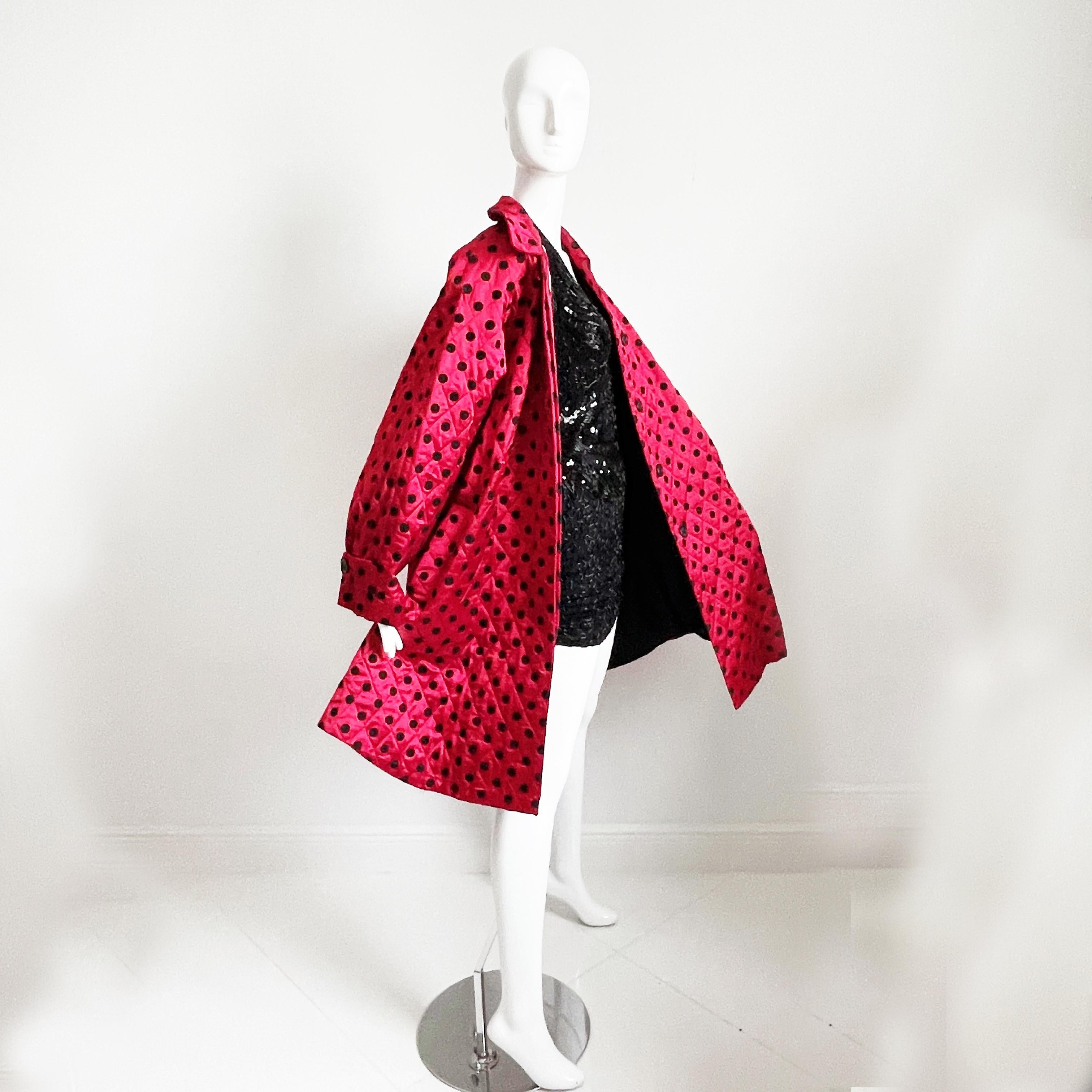 Women's or Men's Christian Dior Coat Swing Style Red Satin Black Polka Dot Evening Wear Vintage  For Sale