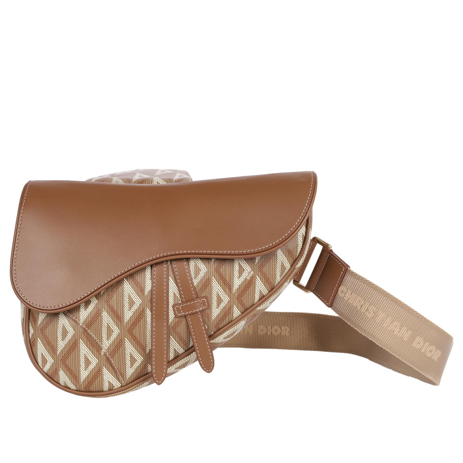 CHRISTIAN DIOR Coated Canvas Diamond Printed Mens Saddle Bag Brown In Excellent Condition For Sale In Salt Lake Cty, UT