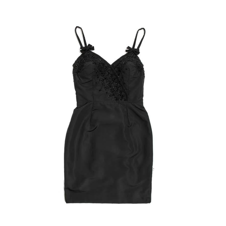 Christian Dior Cocktail Dress In Finely Ribbed Silk And Black Pearls 