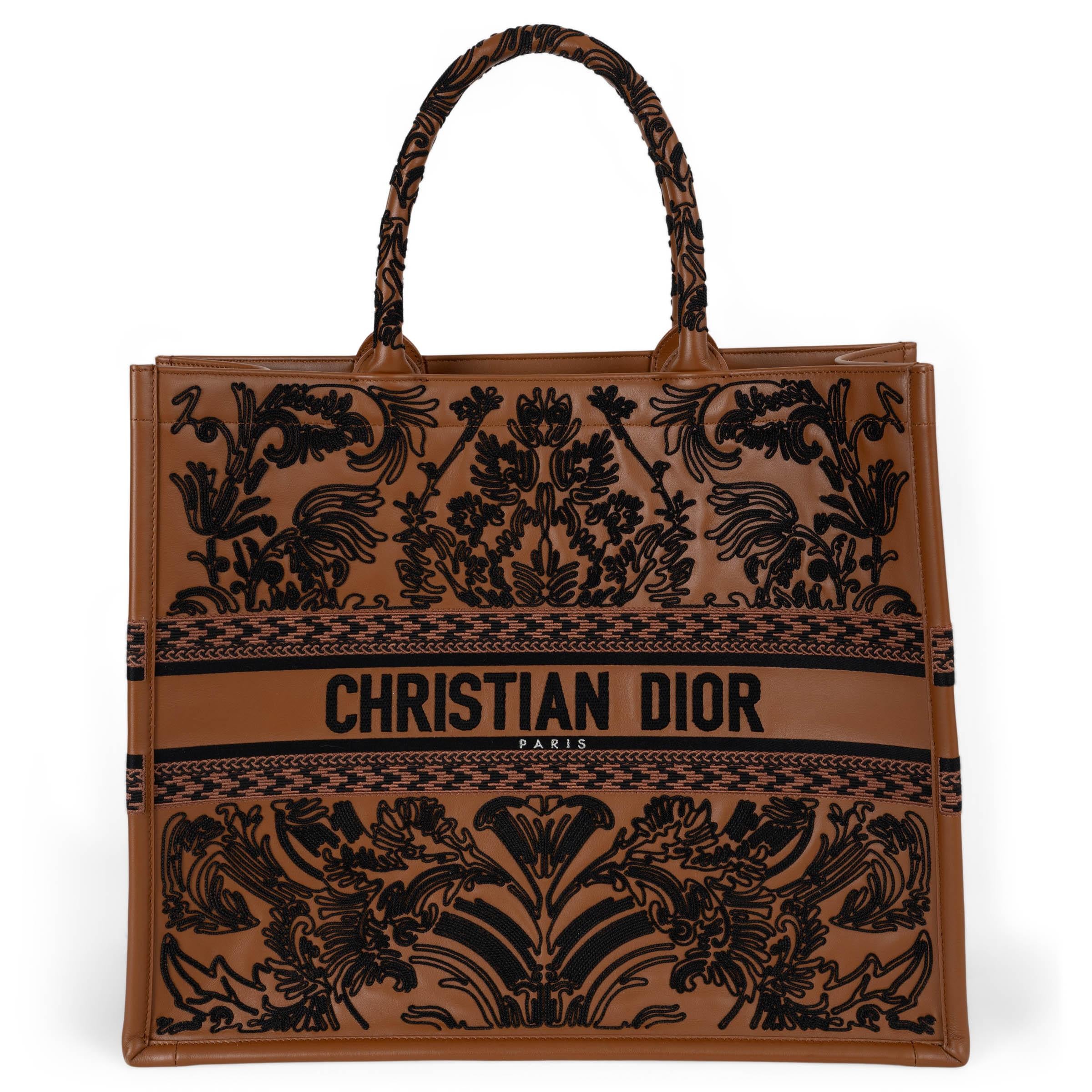 CHRISTIAN DIOR cognac leather 2023 CRONELY EMBROIDERED LARGE BOOK TOTE Bag
