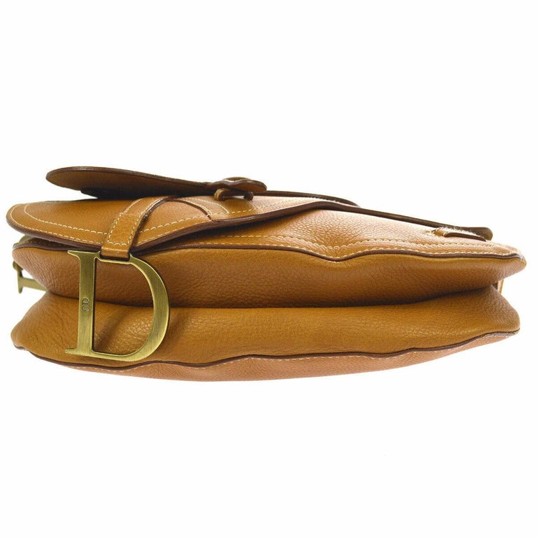 Christian Dior Cognac Leather Antique Gold Charm Saddle Shoulder Flap