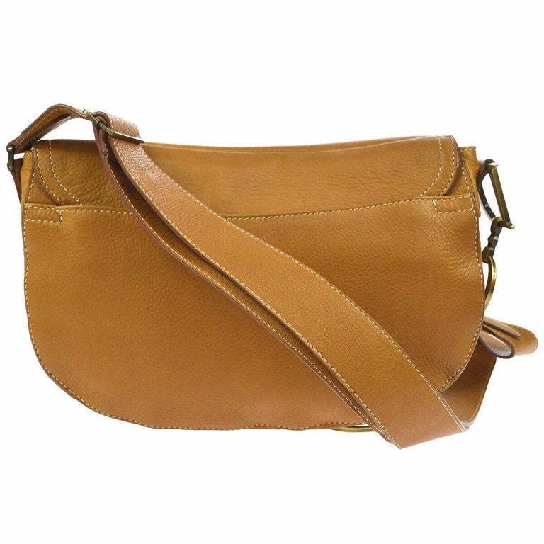 Christian Dior Cognac Leather Antique Gold Charm Saddle Shoulder Flap