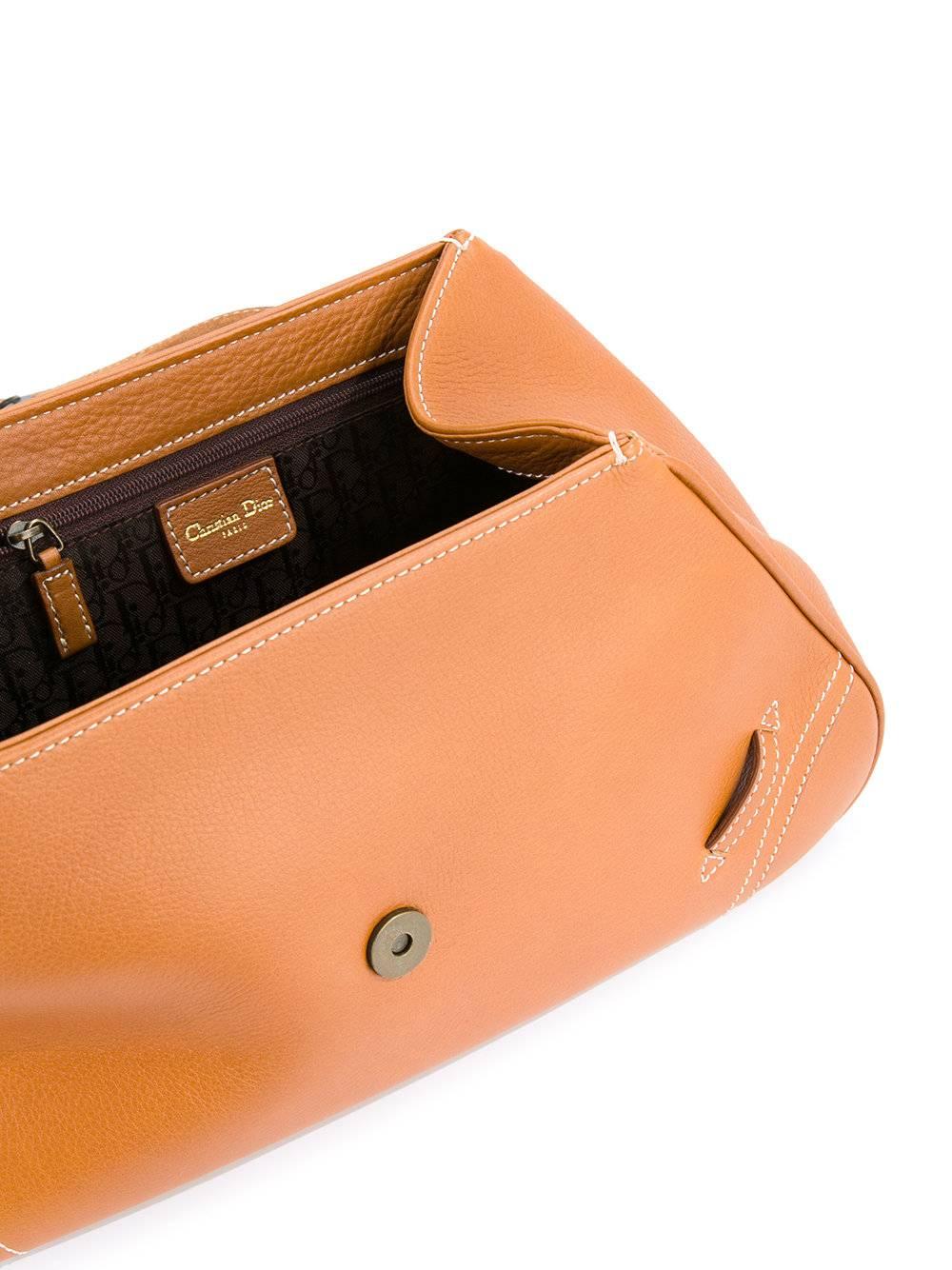 Women's Christian Dior Cognac Leather Gold Charm Top Handle Satchel Flap Shoulder Bag