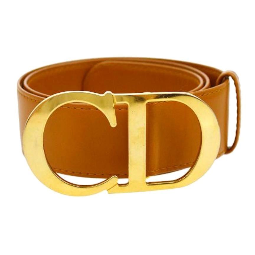 Christian Dior Cognac Leather Gold Large 'CD' Logo Waist Belt