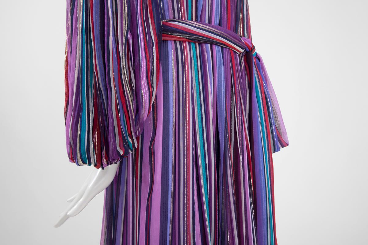 Gray Christian Dior Cold-Shoulder Silk Chiffon Bayadere Dress, Circa 1978