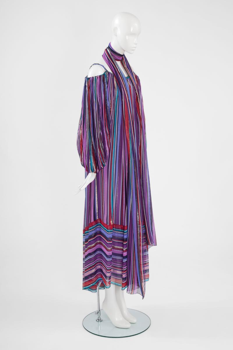 Women's Christian Dior Cold-Shoulder Silk Chiffon Bayadere Dress, Circa 1978