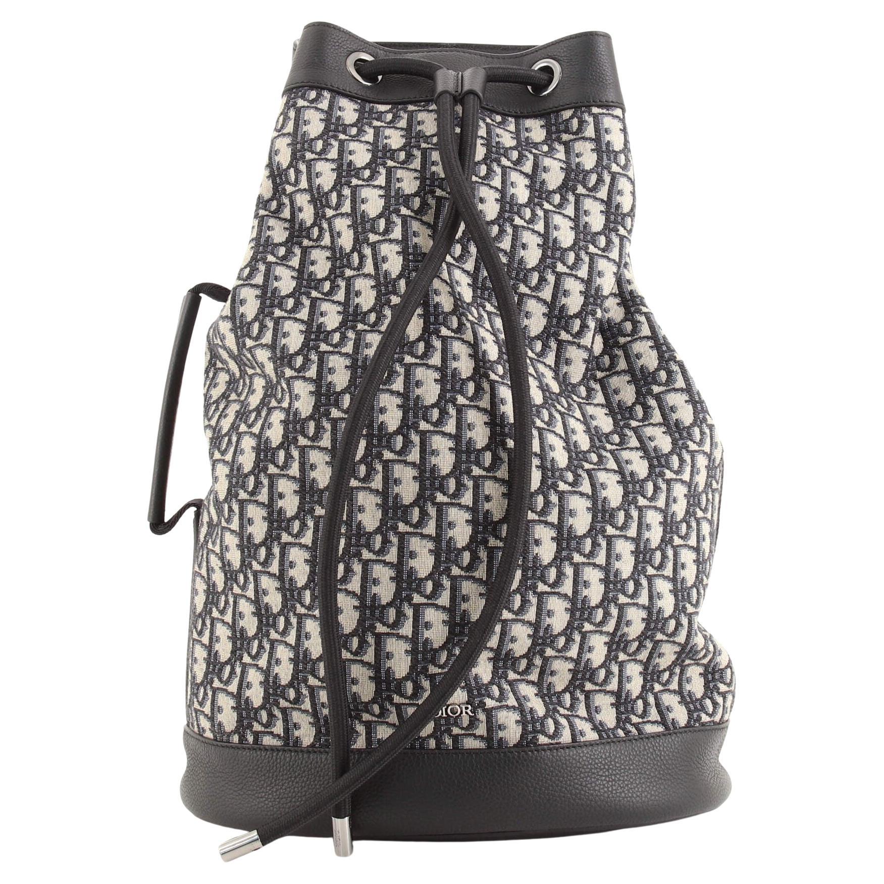 Christian Dior Convertible Drawstring Sling Backpack Oblique Canvas with Leather