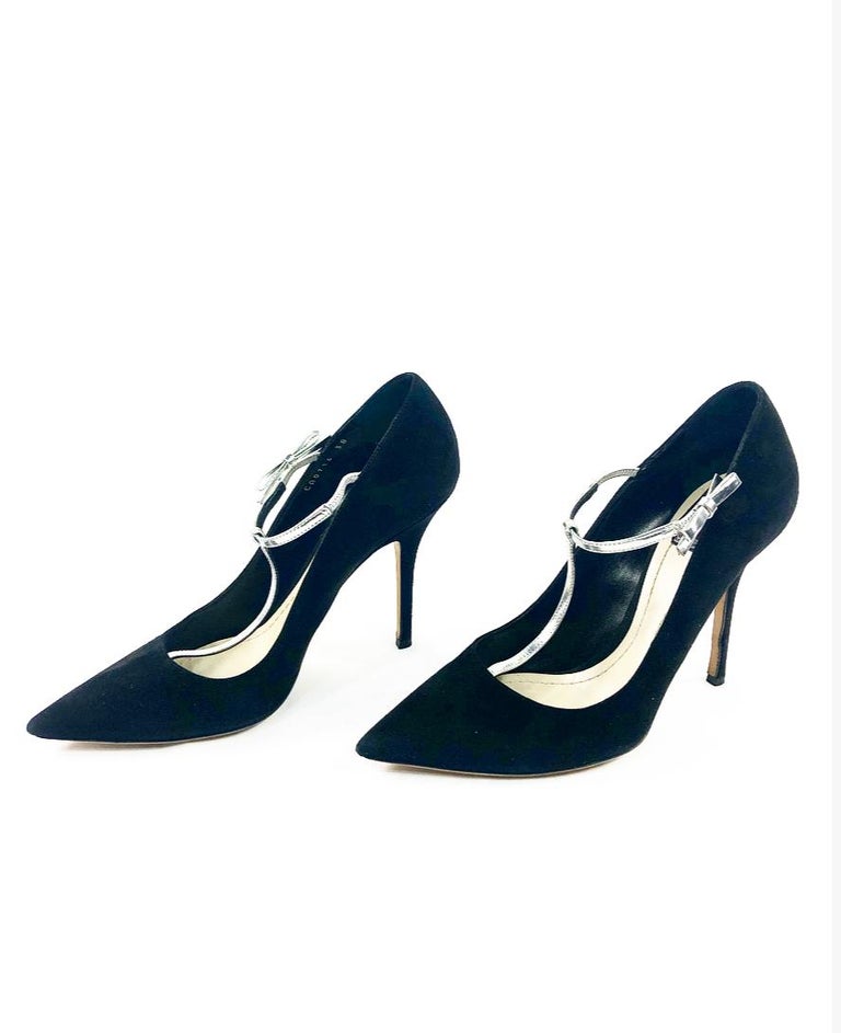 Christian Dior COQUETTE Pump 10mm Black Suede w/ Silver Leather Bow Size 38  For Sale at 1stDibs