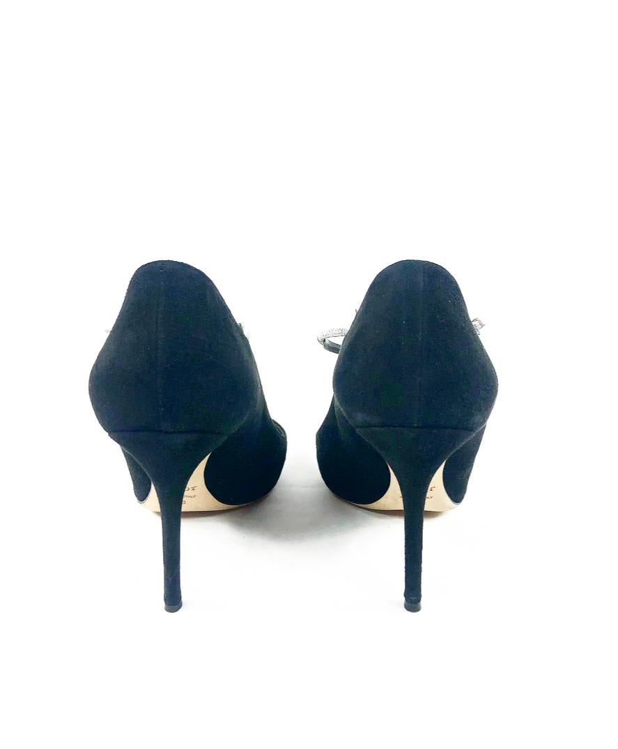 Christian Dior COQUETTE Pump 10mm Black Suede w/ Silver Leather Bow Size 38 In Excellent Condition For Sale In Beverly Hills, CA