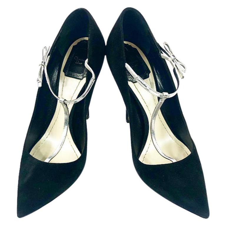 Christian Dior COQUETTE Pump 10mm Black Suede w/ Silver Leather Bow Size 38 For Sale