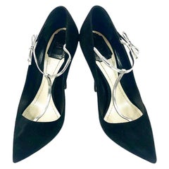 Christian Dior COQUETTE Pump 10mm Black Suede w/ Silver Leather Bow Size 38