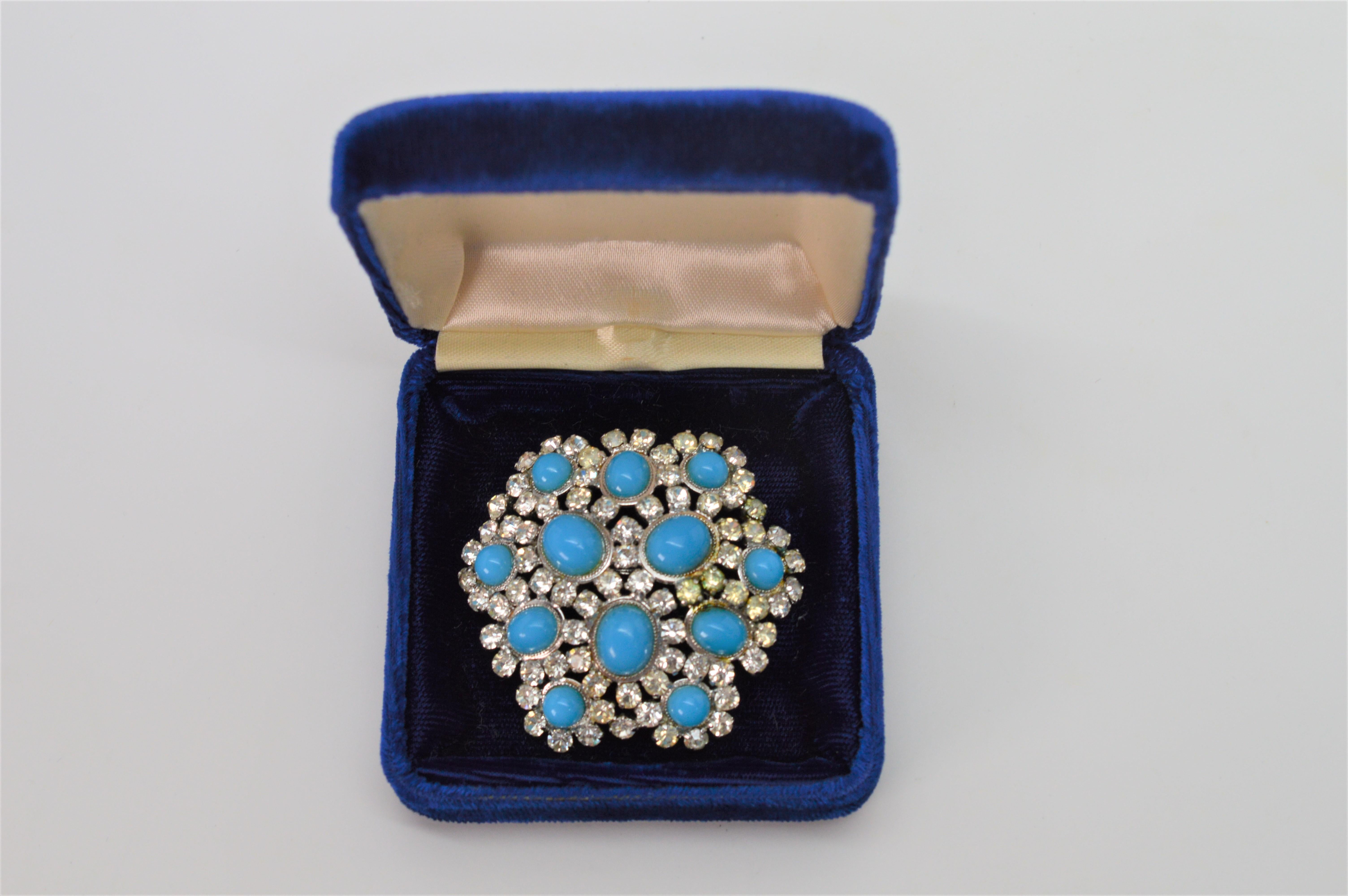 Spectacular Vintage Christian Dior Costume Turquoise and Rhinestone Floral Burst Brooch. Made in Germany 1968, this brilliant, highly collectible brooch sparkles with multiple flashy rhinestones surrounding a dozen blue turquoise cabochons. The