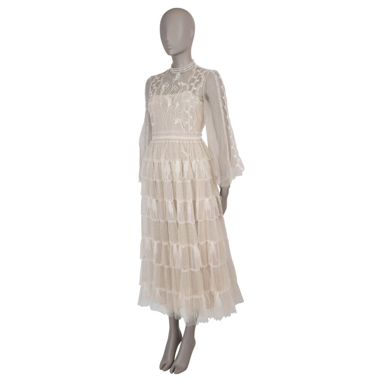 CHRISTIAN DIOR cream 2021 PEARL EMBELLISHED TULLE MIDI Dress S at 1stDibs