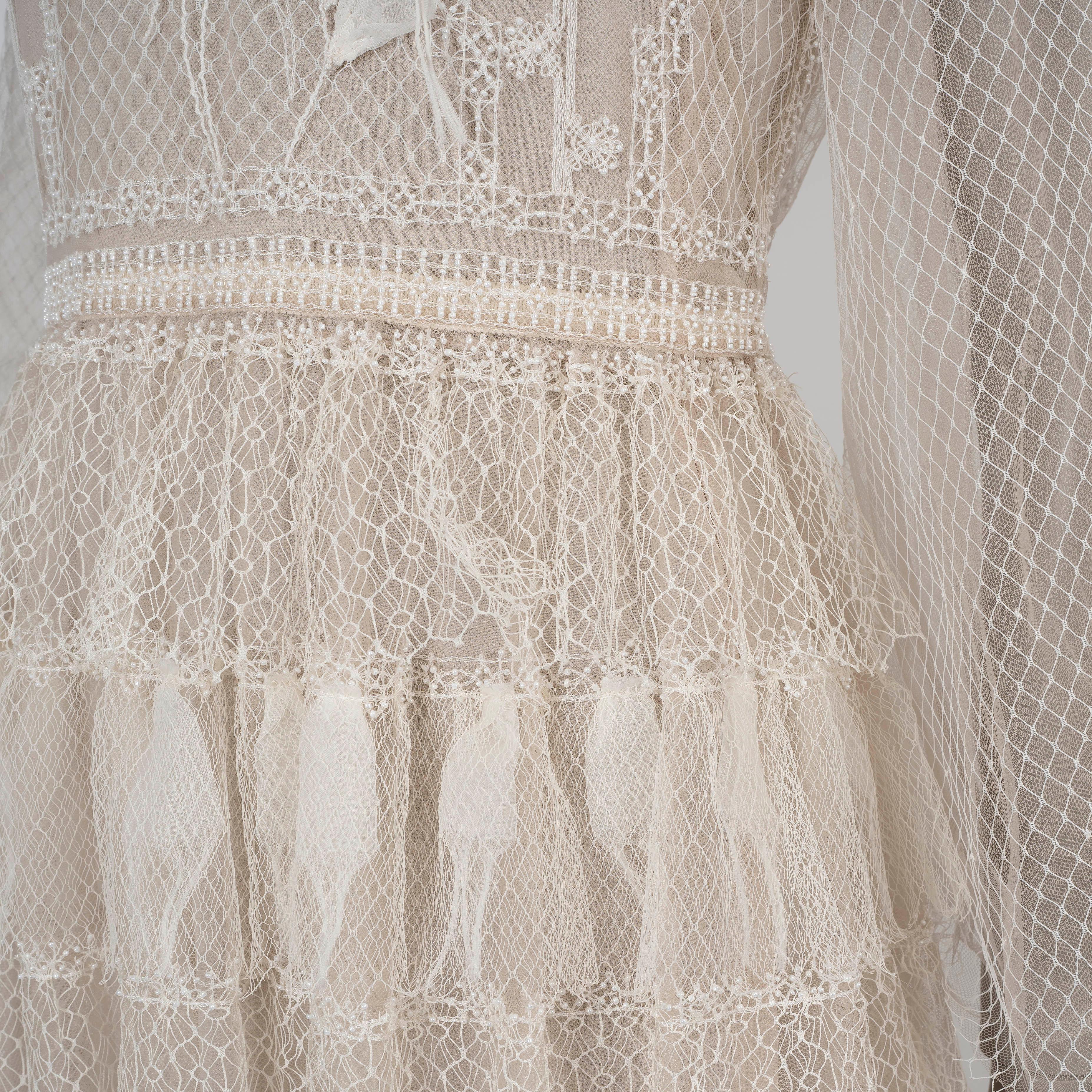 CHRISTIAN DIOR cream 2021 PEARL EMBELLISHED TULLE MIDI Dress S For Sale 1