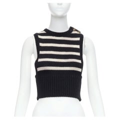 CHRISTIAN DIOR cream cotton cashmere striped CD logo button cropped vest FR34 XS