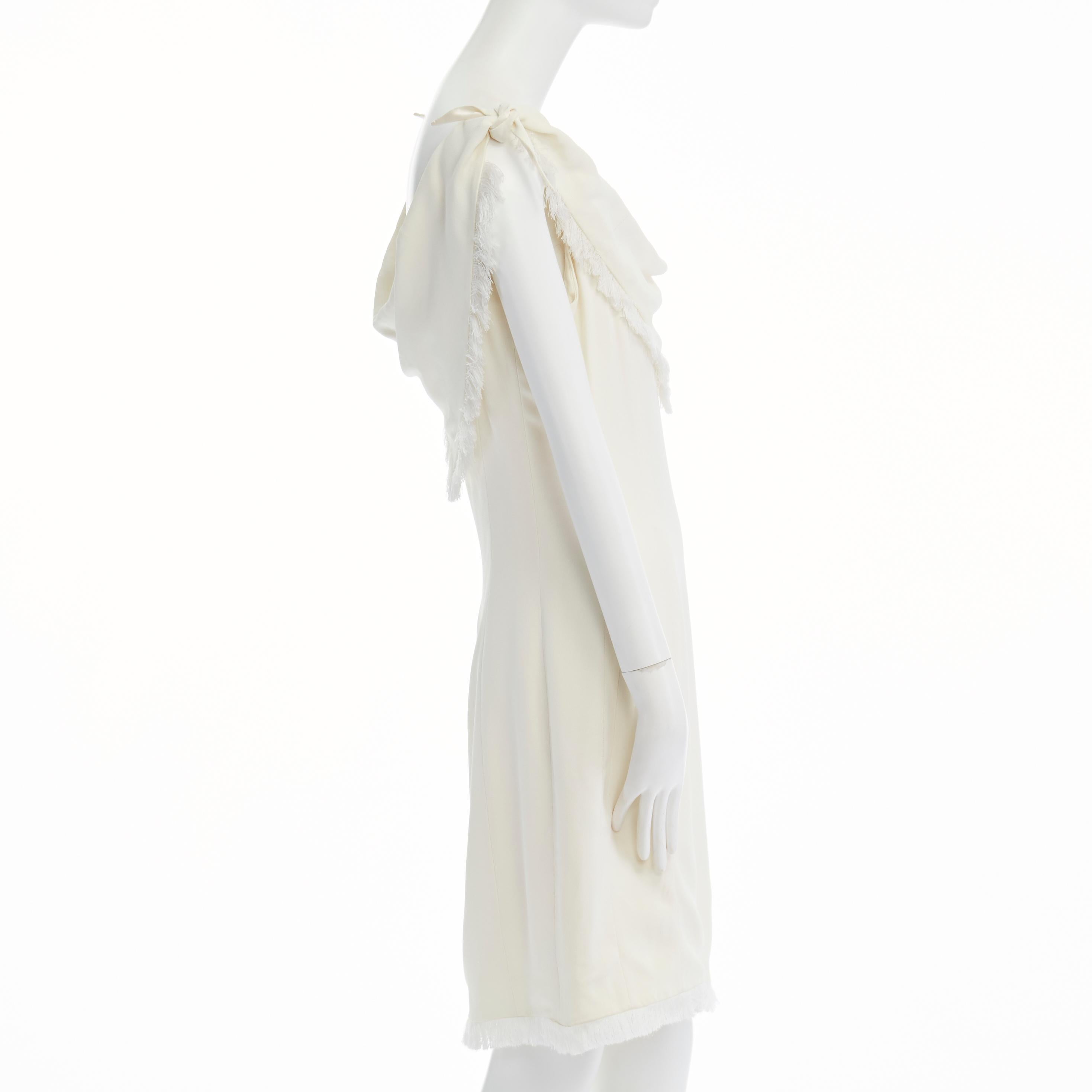 Gray CHRISTIAN DIOR cream crepe fringe trimmed draped scarf tie strap dress FR40 L