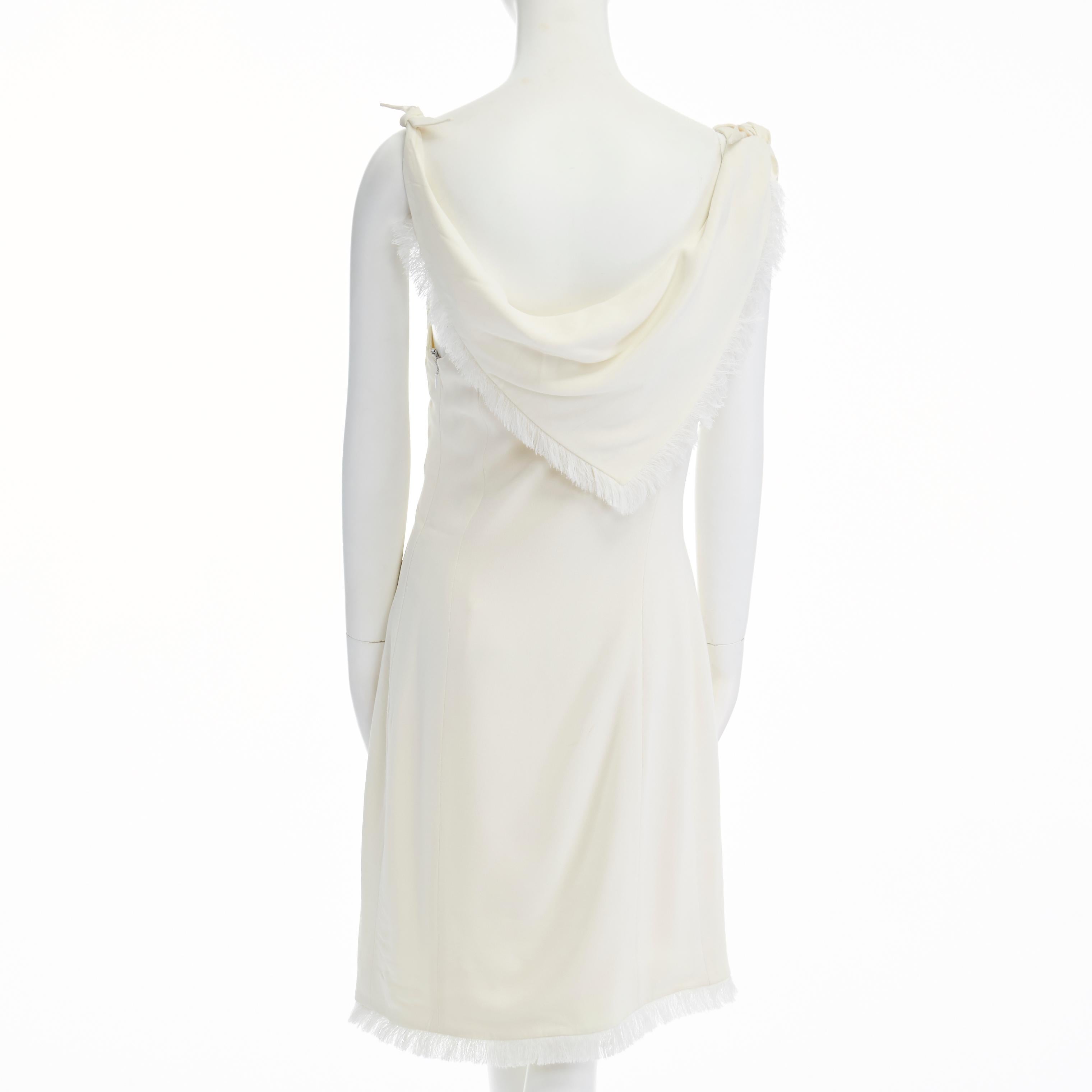 CHRISTIAN DIOR cream crepe fringe trimmed draped scarf tie strap dress FR40 L In Fair Condition In Hong Kong, NT