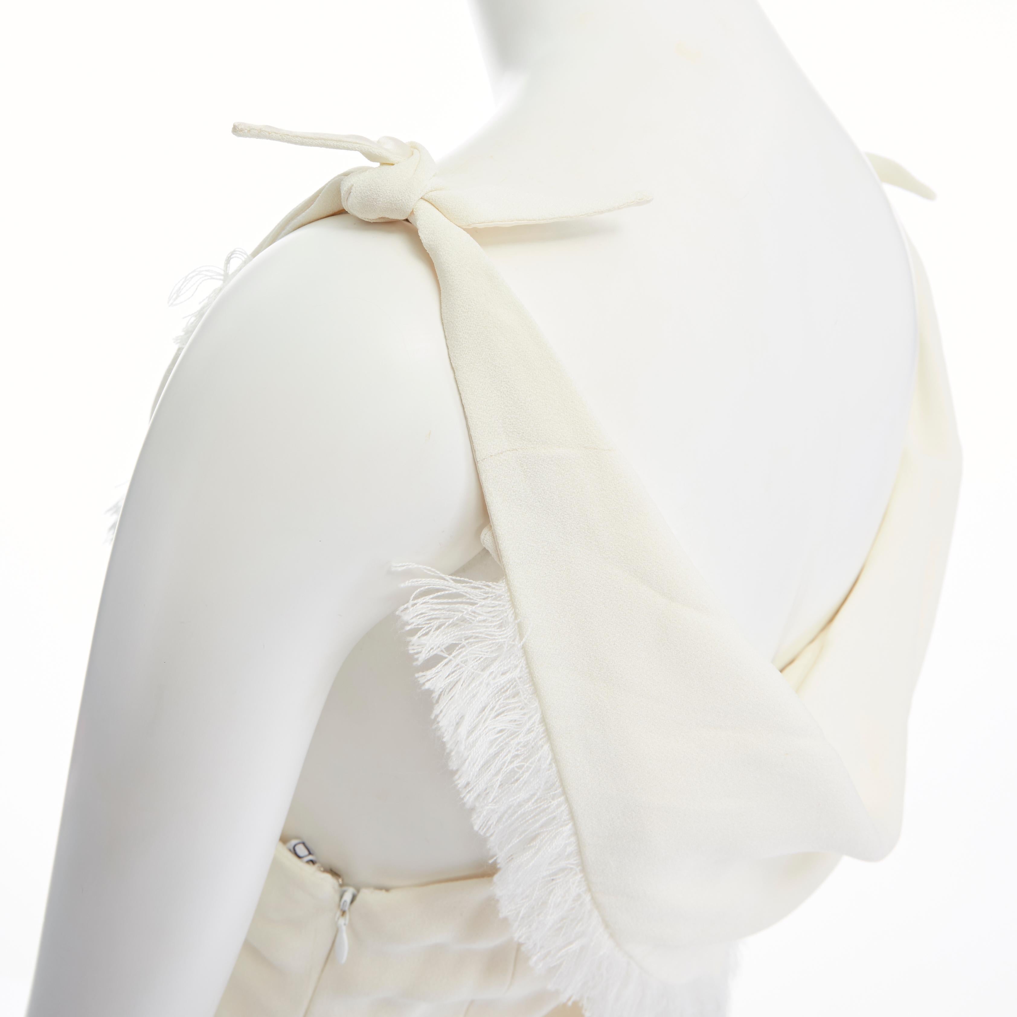 CHRISTIAN DIOR cream crepe fringe trimmed draped scarf tie strap dress FR40 L 1