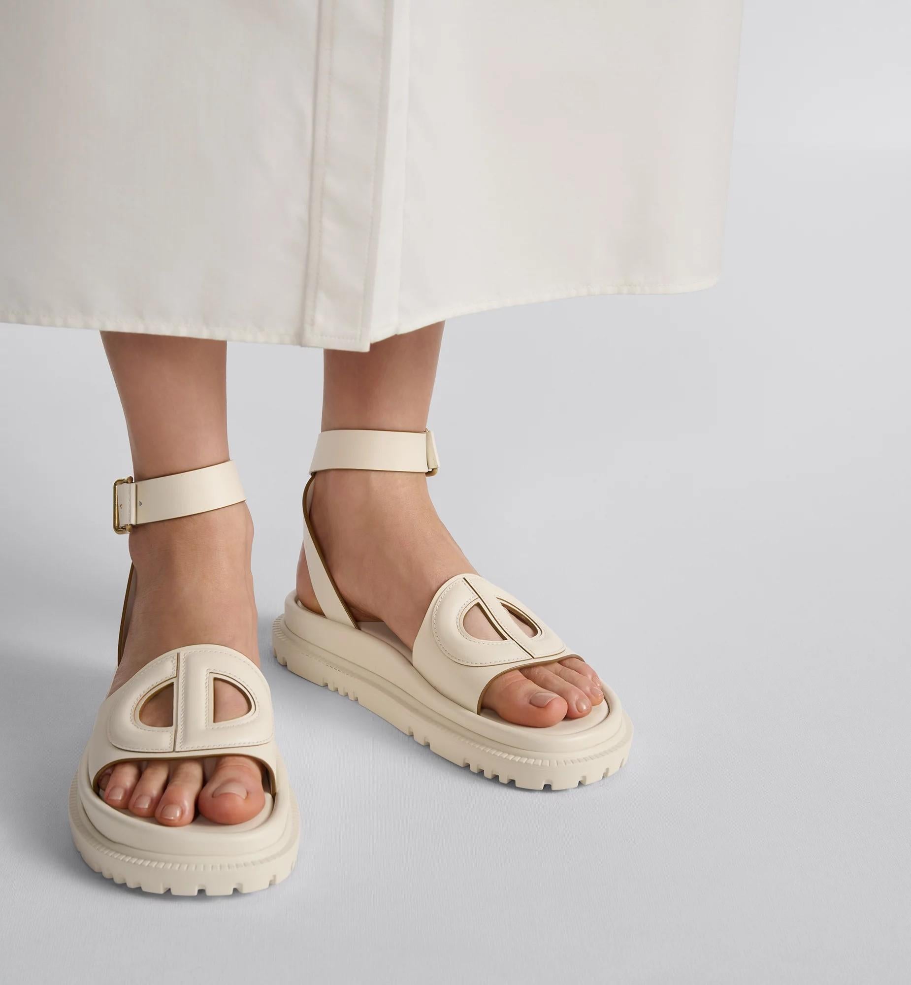 CHRISTIAN DIOR cream leather 2024 D-CLUBE Flat Ankle Strap Sandals Shoes 38.5 7