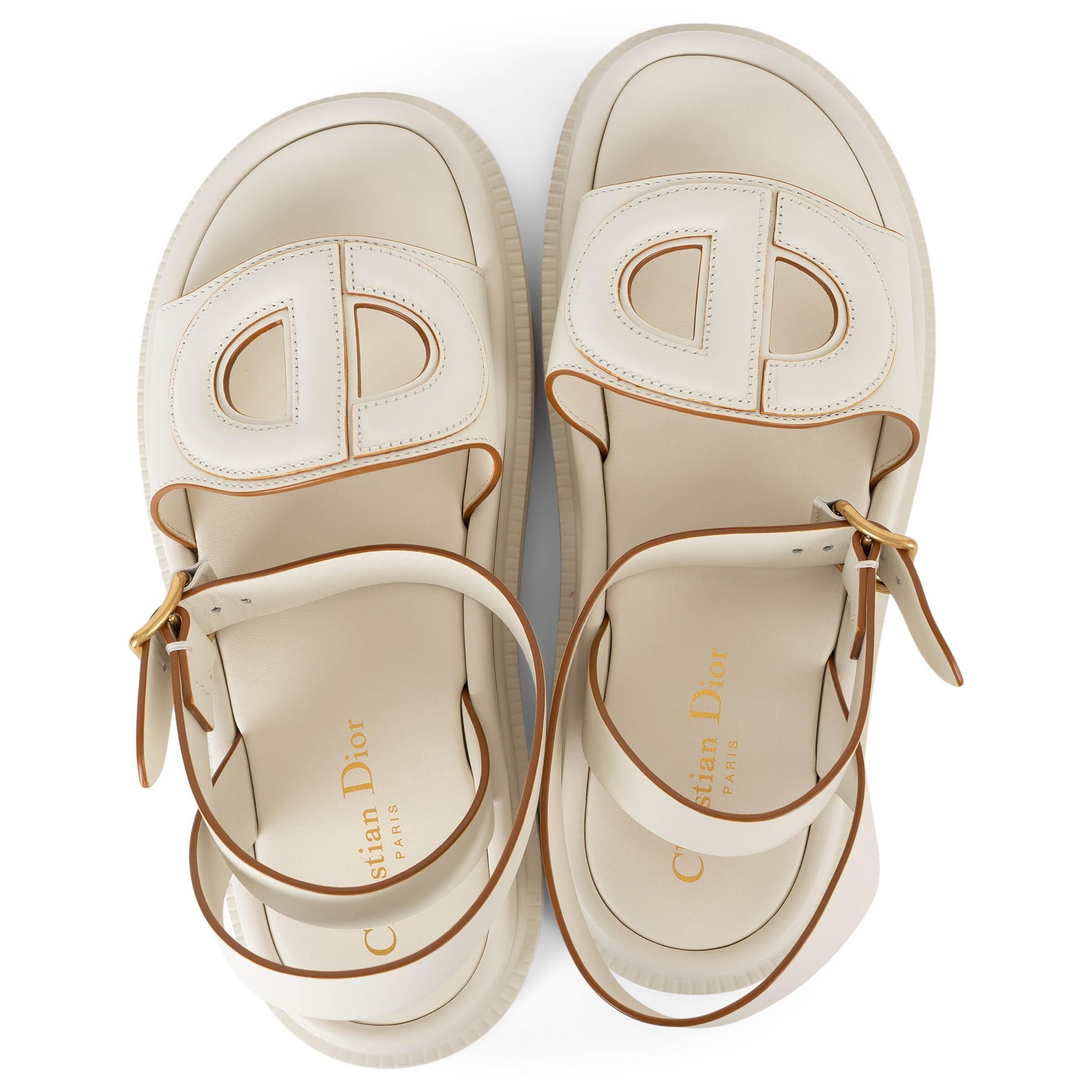 CHRISTIAN DIOR cream leather 2024 D-CLUBE Flat Ankle Strap Sandals Shoes 38.5 2