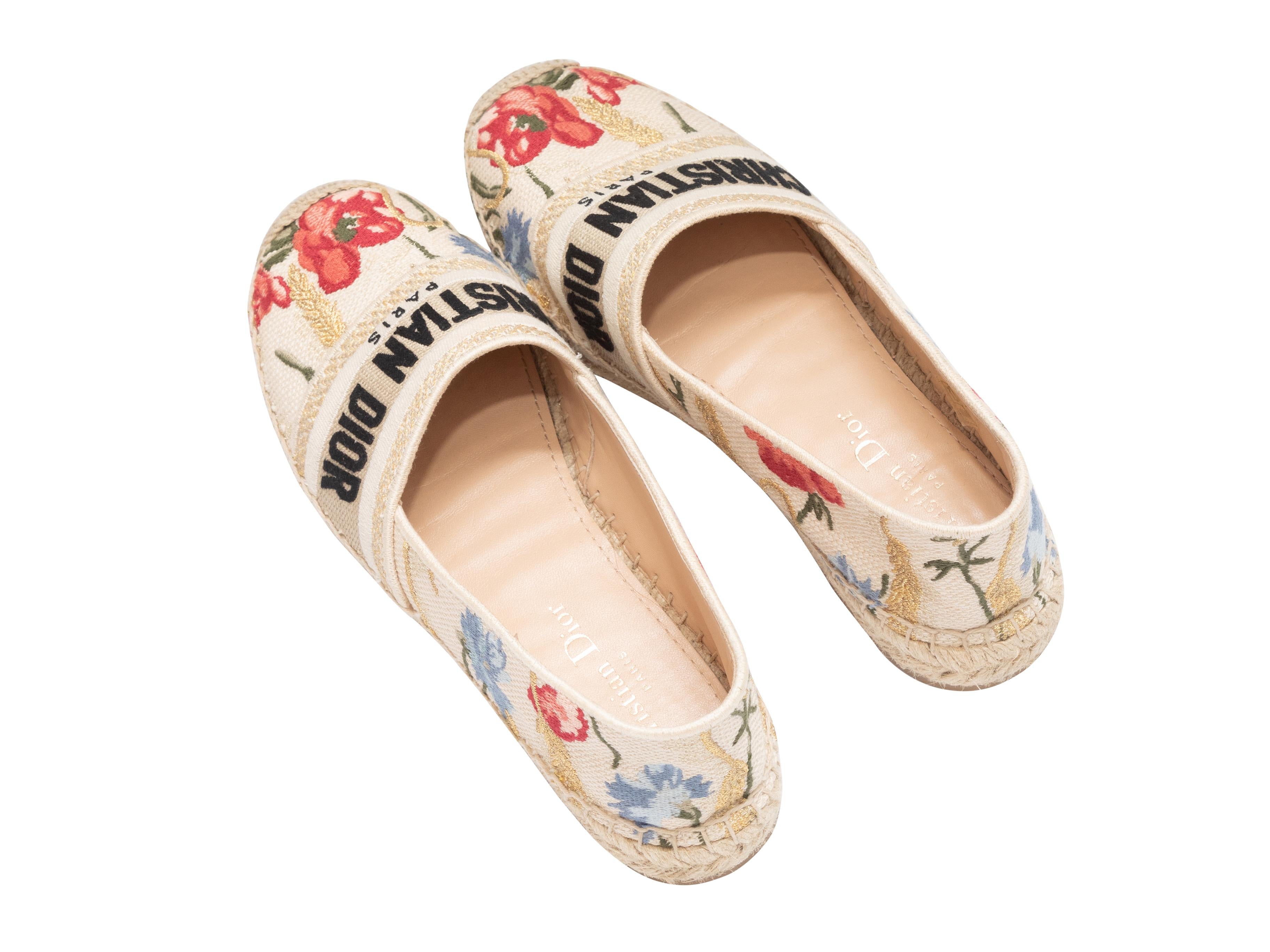 Christian Dior Cream & Multicolor Embroidered Espadrillle Flats In Good Condition In New York, NY