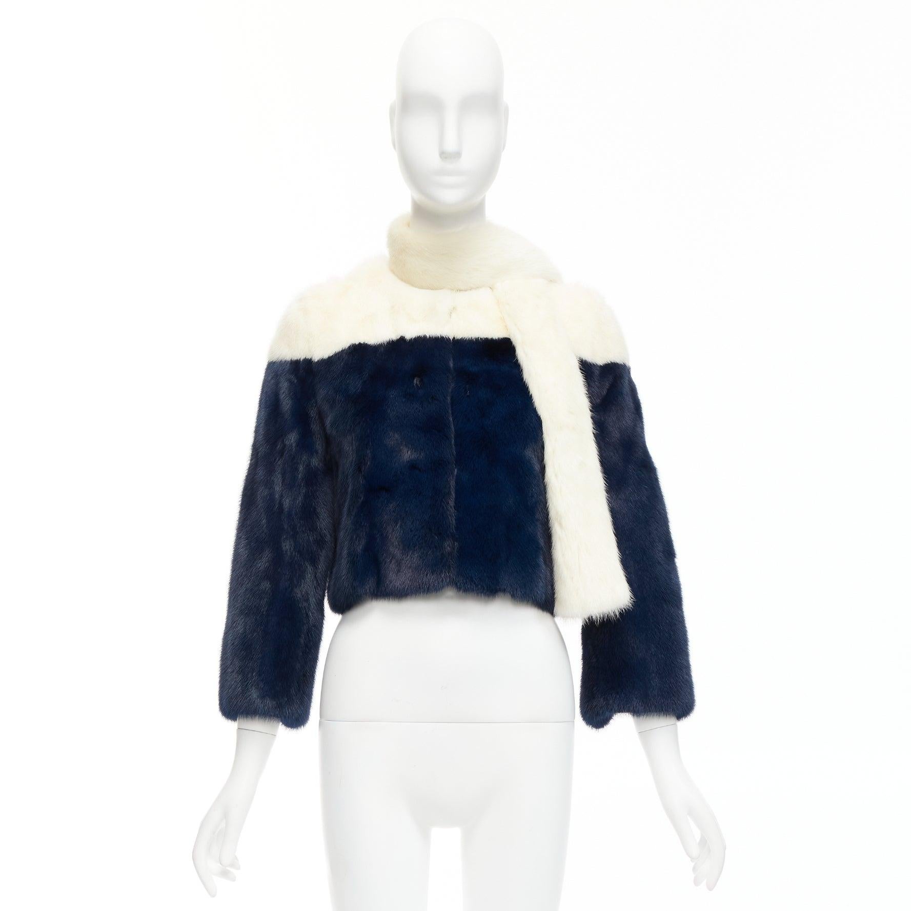CHRISTIAN DIOR cream navy bicolor genuine fur crop jacket with scarf FR36 S For Sale 6