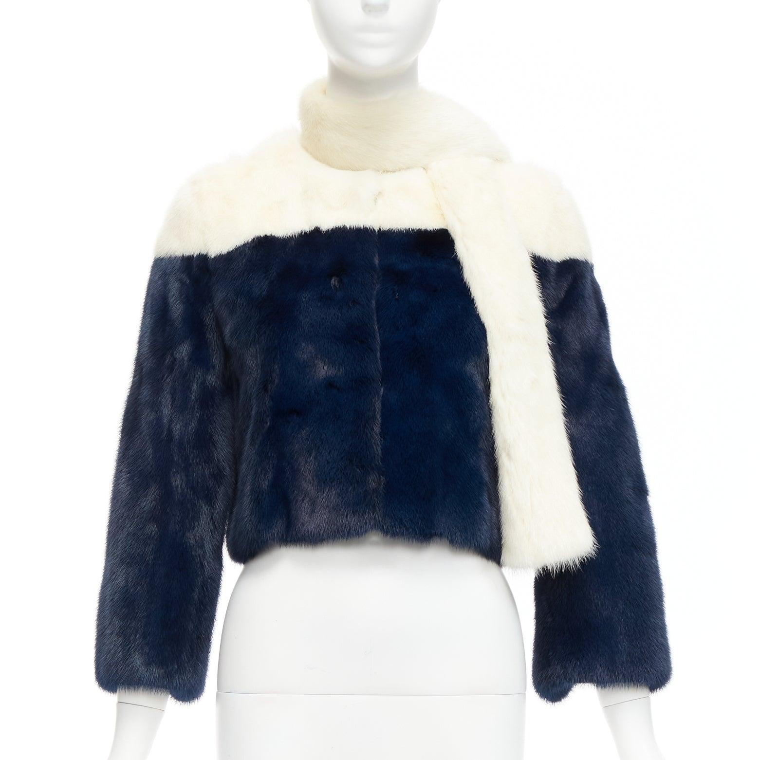 CHRISTIAN DIOR cream navy bicolor genuine fur crop jacket with scarf FR36 S In Excellent Condition For Sale In Hong Kong, NT