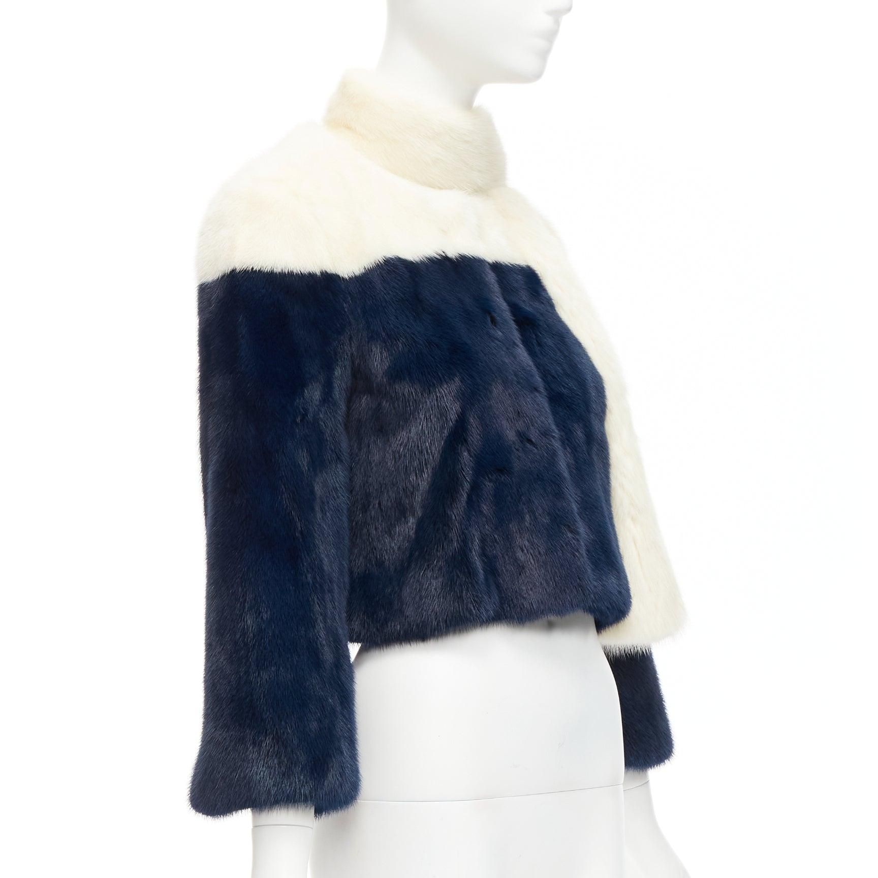 Women's CHRISTIAN DIOR cream navy bicolor genuine fur crop jacket with scarf FR36 S For Sale